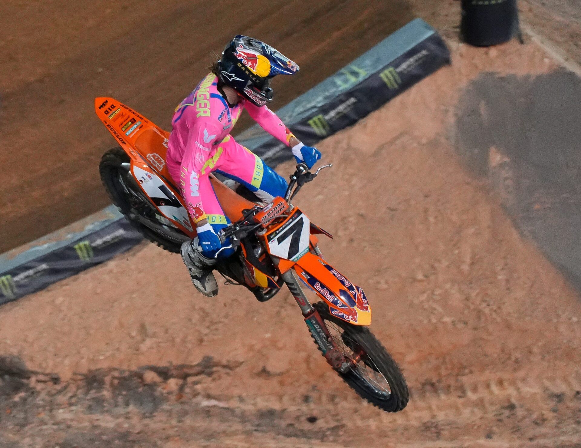 Aaron Plessinger flies over a jump during the Daytona Supercross at Daytona International Speedway, Saturday, March 2, 2025.
