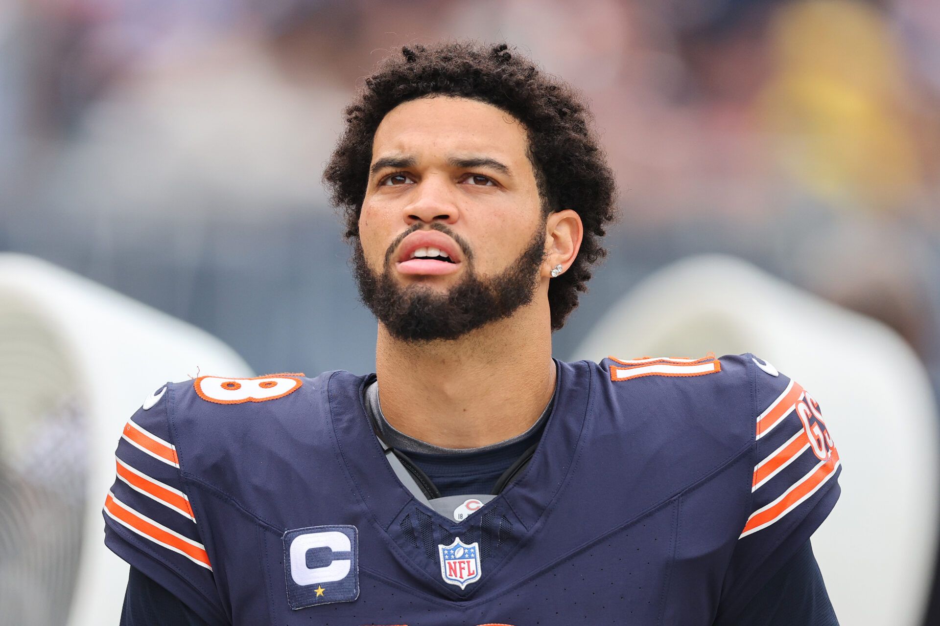 CHICAGO, ILLINOIS - SEPTEMBER 29: Caleb Williams #18 of the Chicago Bears reacts against the Los Angeles Rams at Soldier Field on September 29, 2024 in Chicago, Illinois. (Photo by Michael Reaves/Getty Images)