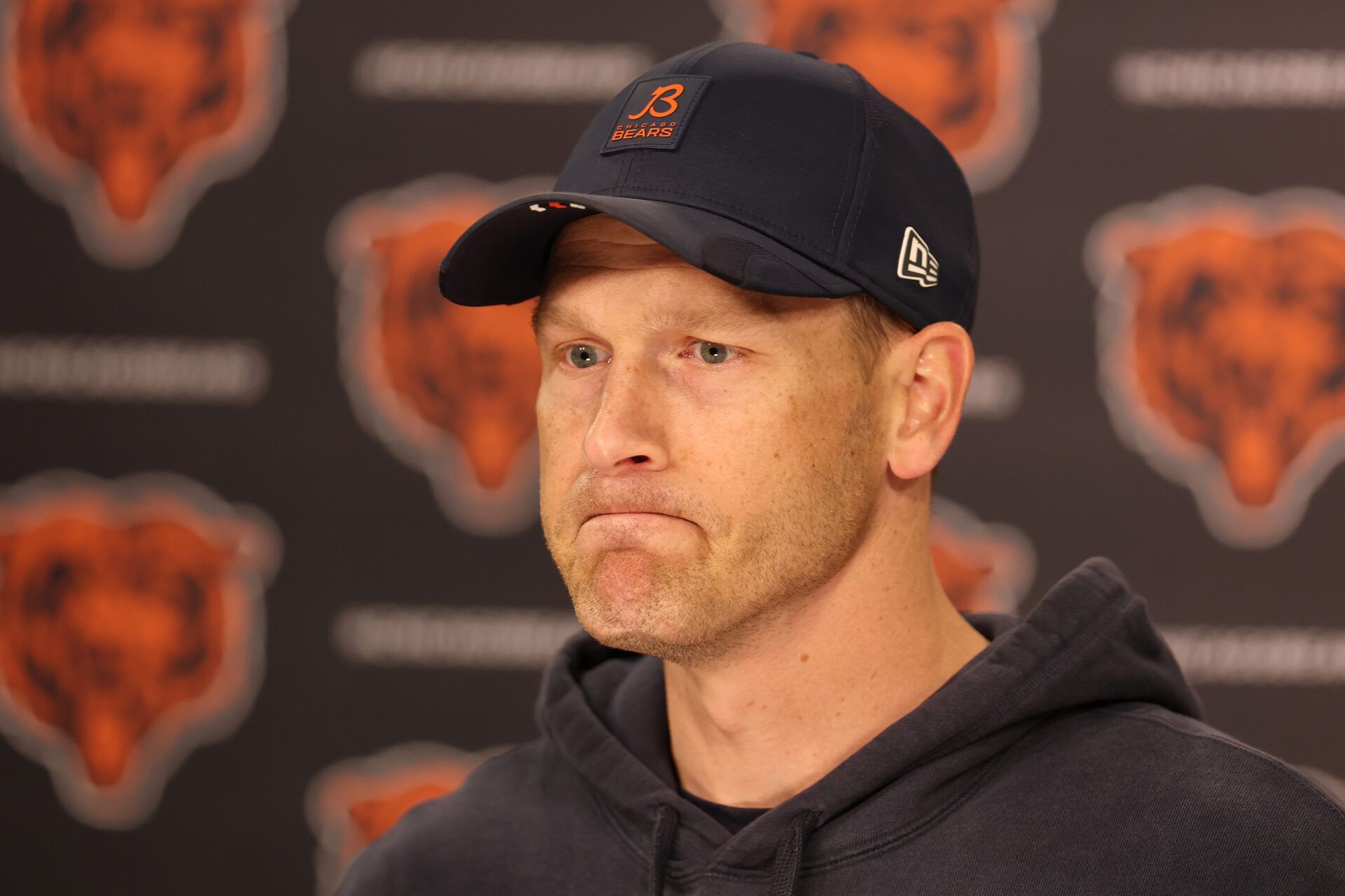 LAKE FOREST, ILLINOIS - MAY 09: Head coach Ben Johnson of the Chicago Bears speaks to the media after the Chicago Bears Rookie Minicamp at Halas Hall on May 09, 2025 in Lake Forest, Illinois. (Photo by Michael Reaves/Getty Images)