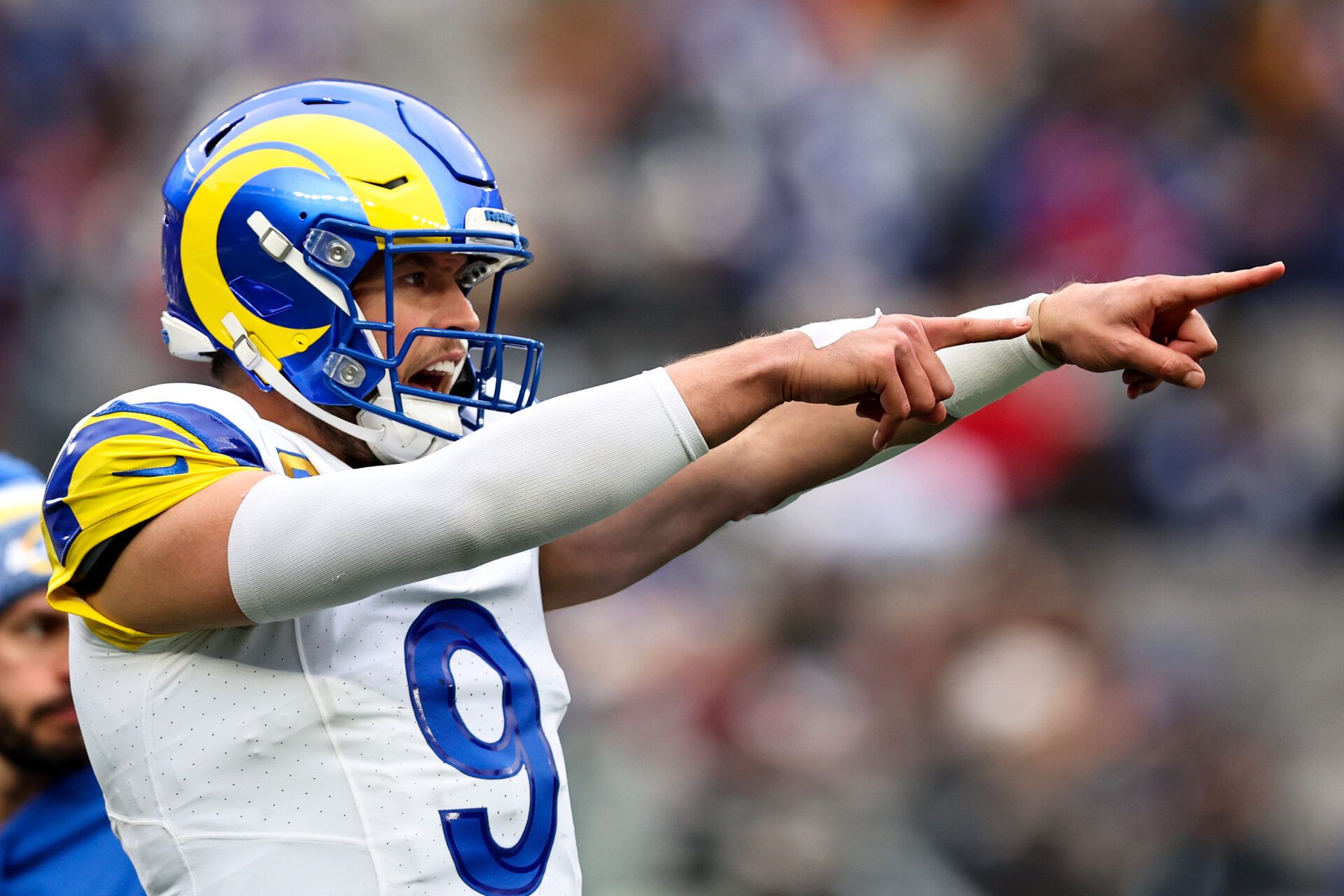 EAST RUTHERFORD, NEW JERSEY - DECEMBER 31: Matthew Stafford #9 of the Los Angeles Rams reacts after a play during the first half against the New York Giants at MetLife Stadium on December 31, 2023 in East Rutherford, New Jersey. (Photo by Dustin Satloff/Getty Images)