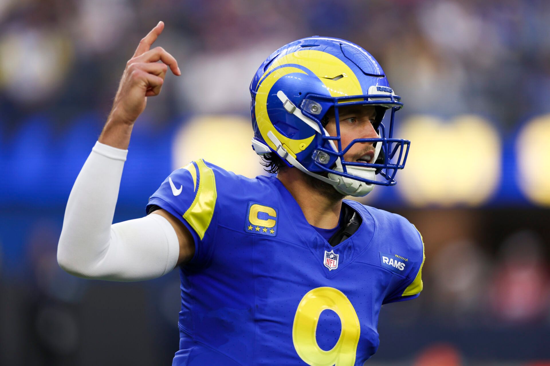 INGLEWOOD, CALIFORNIA - DECEMBER 08: Matthew Stafford #9 of the Los Angeles Rams reacts after a play in the third quarter of a game against the Buffalo Bills at SoFi Stadium on December 08, 2024 in Inglewood, California. (Photo by Katelyn Mulcahy/Getty Images)