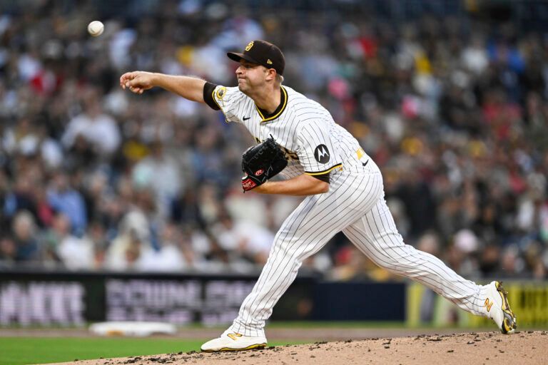 San Diego Padres starting pitcher Michael King (34) delivers during the second inning against the Los Angeles Angels at Petco Park.
