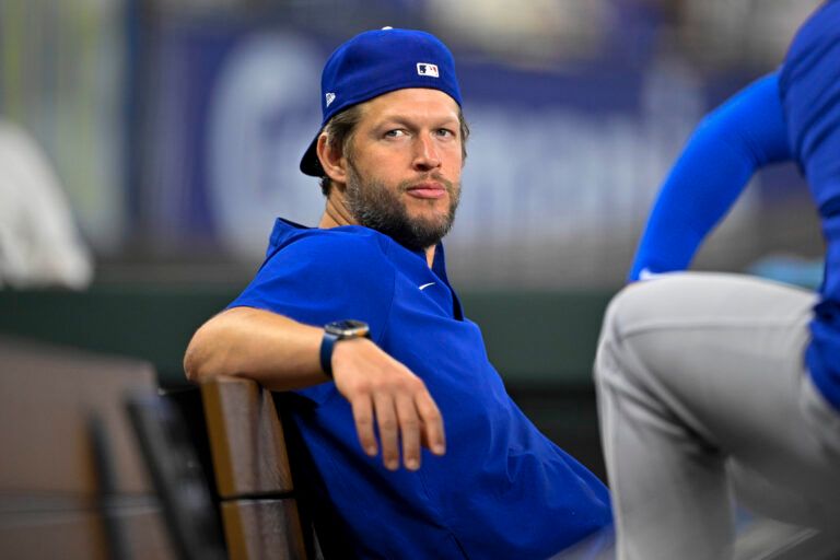 Los Angeles Dodgers pitcher Clayton Kershaw looks during the game between the Texas Rangers and the Los Angeles Dodgers at Globe Life Field.