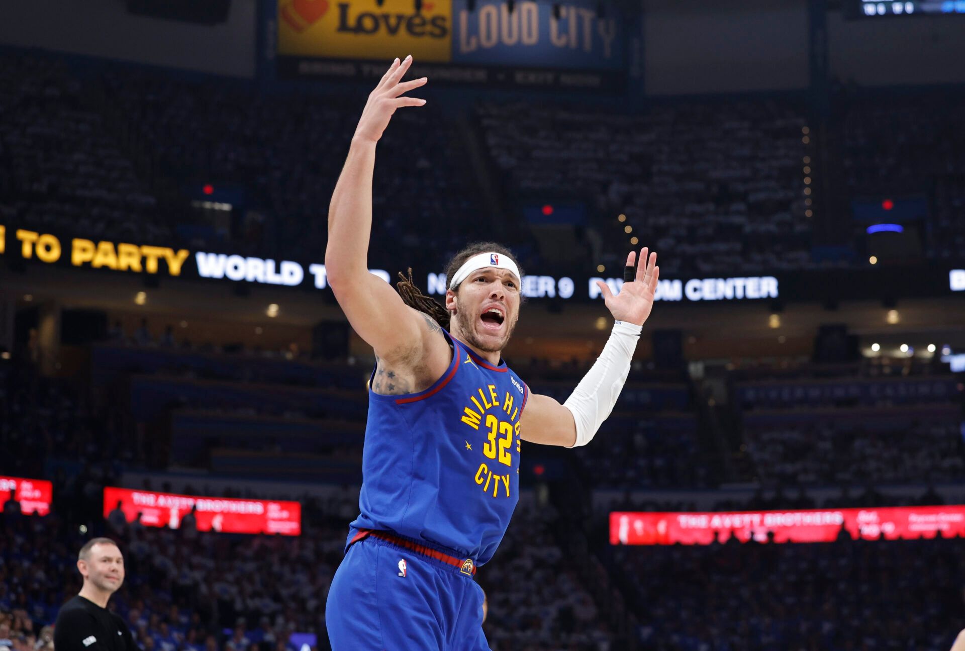 Denver Nuggets forward Aaron Gordon (32) reacts after a play against the Oklahoma City Thunder during the second quarter of game five of the second round for the 2025 NBA Playoffs at Paycom Center.