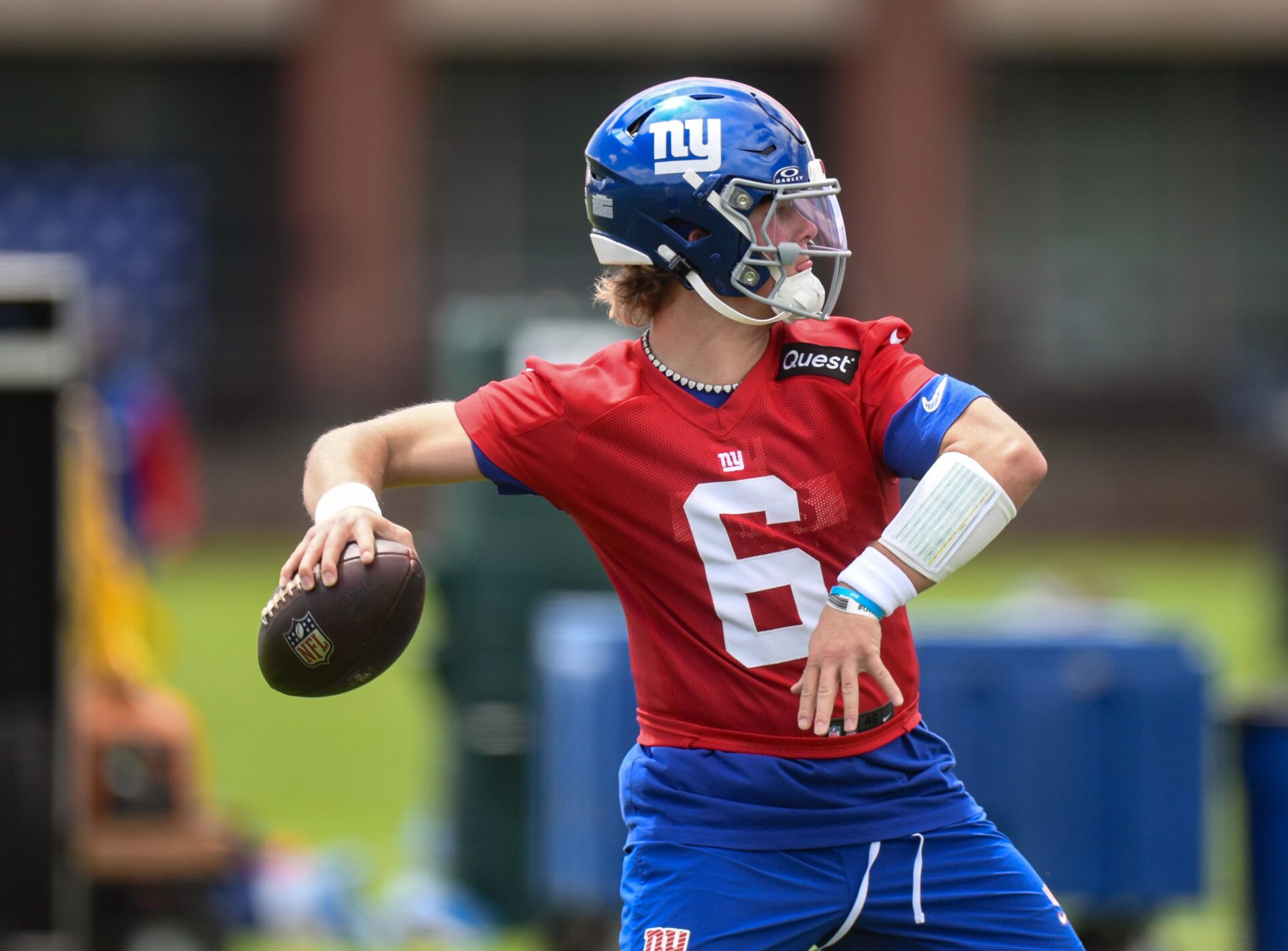 New York Giants quarterback Jaxson Dart (6) throws a pass during rookie minicamp at Quest Diagnostics Training Center.