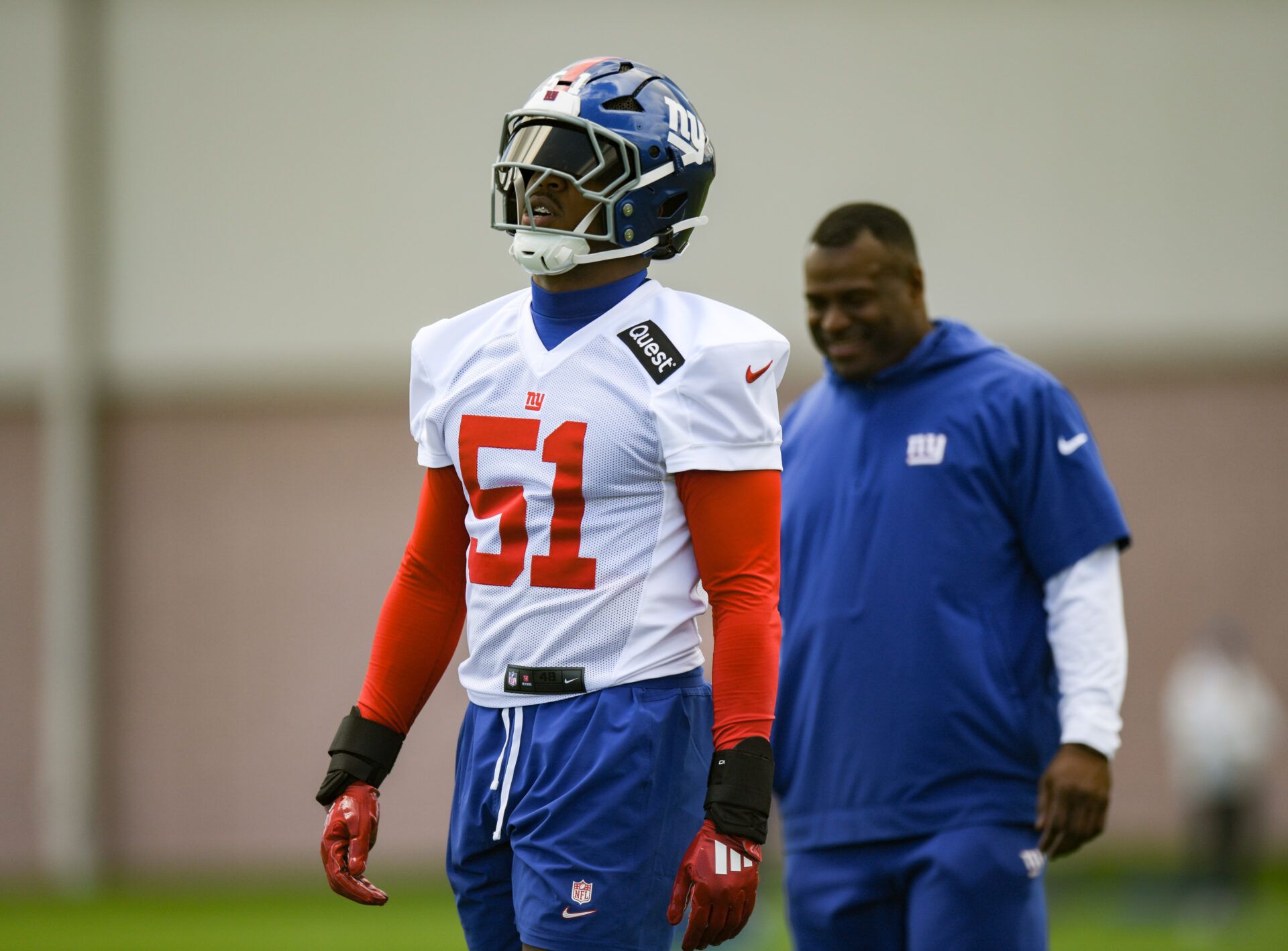 New York Giants linebacker Abdul Carter (51) during rookie minicamp at Quest Diagnostics Training Center.