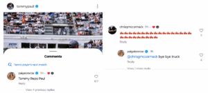 Screengrab of Tommy Paul's girlfriend Paige Lorenze's comment on his Instagram post/@tommypaull