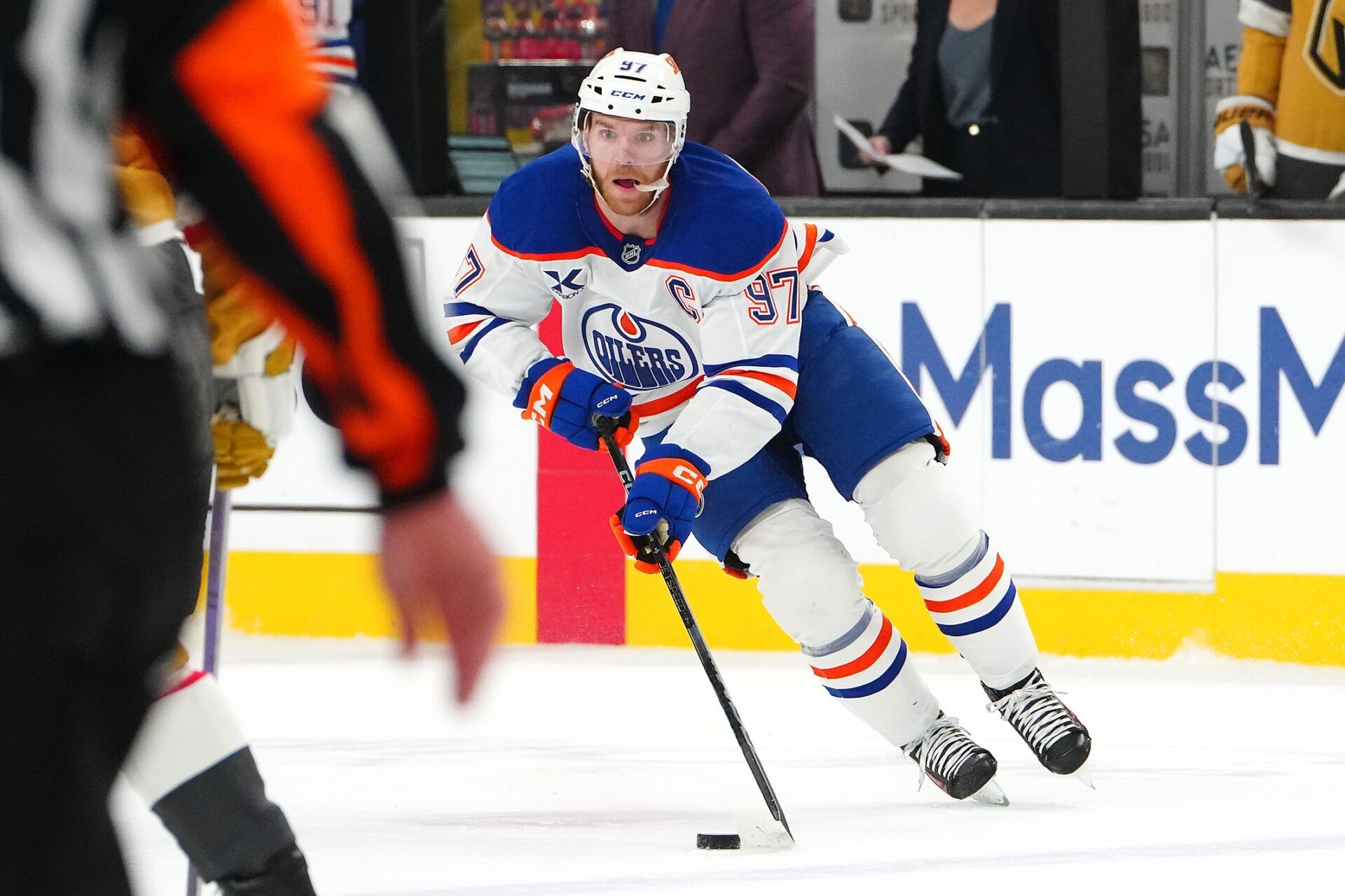 Edmonton Oilers center Connor McDavid (97) skates against the Vegas Golden Knights during the first period of game five of the second round of the 2025 Stanley Cup Playoffs at T-Mobile Arena.