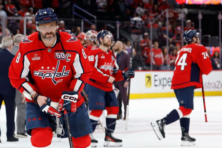 Washington Capitals left wing Alex Ovechkin (8) skates away after going through the handshake line after game five of the second round of the 2025 Stanley Cup Playoffs against the Carolina Hurricanes at Capital One Arena.
