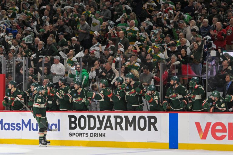 Minnesota Wild forward Ryan Hartman (38) celebrates his second goal of the game against the Vegas Golden Knights during the third period in game six of the first round of the 2025 Stanley Cup Playoffs at Xcel Energy Center.