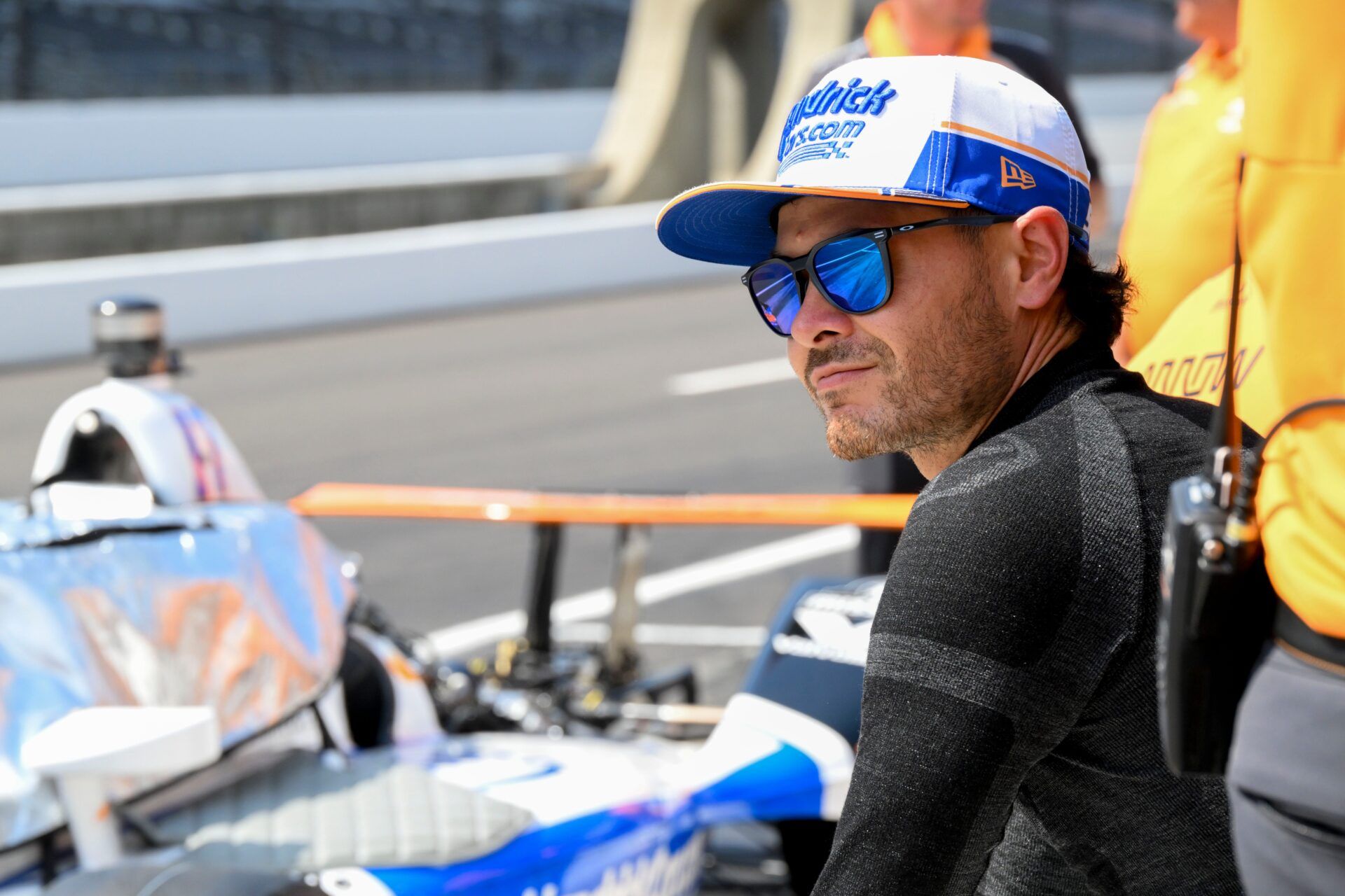Arrow McLaren driver Kyle Larson (17) looks out on the track Thursday, May 15, 2025, during a practice for the 109th running of the Indianapolis 500 at Indianapolis Motor Speedway.