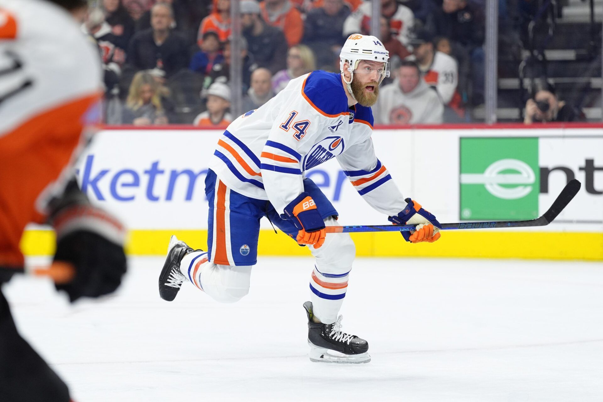 Edmonton Oilers defenseman Mattias Ekholm (14) in action against the Philadelphia Flyers in the first period at Wells Fargo Center.