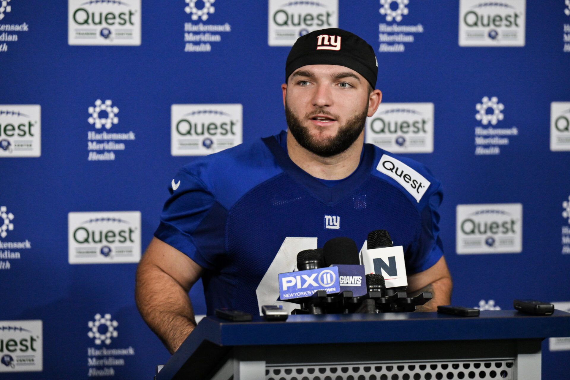 New York Giants running back Cam Skattebo (44) speaks to members of the press after rookie minicamp at Quest Diagnostics Training Center.