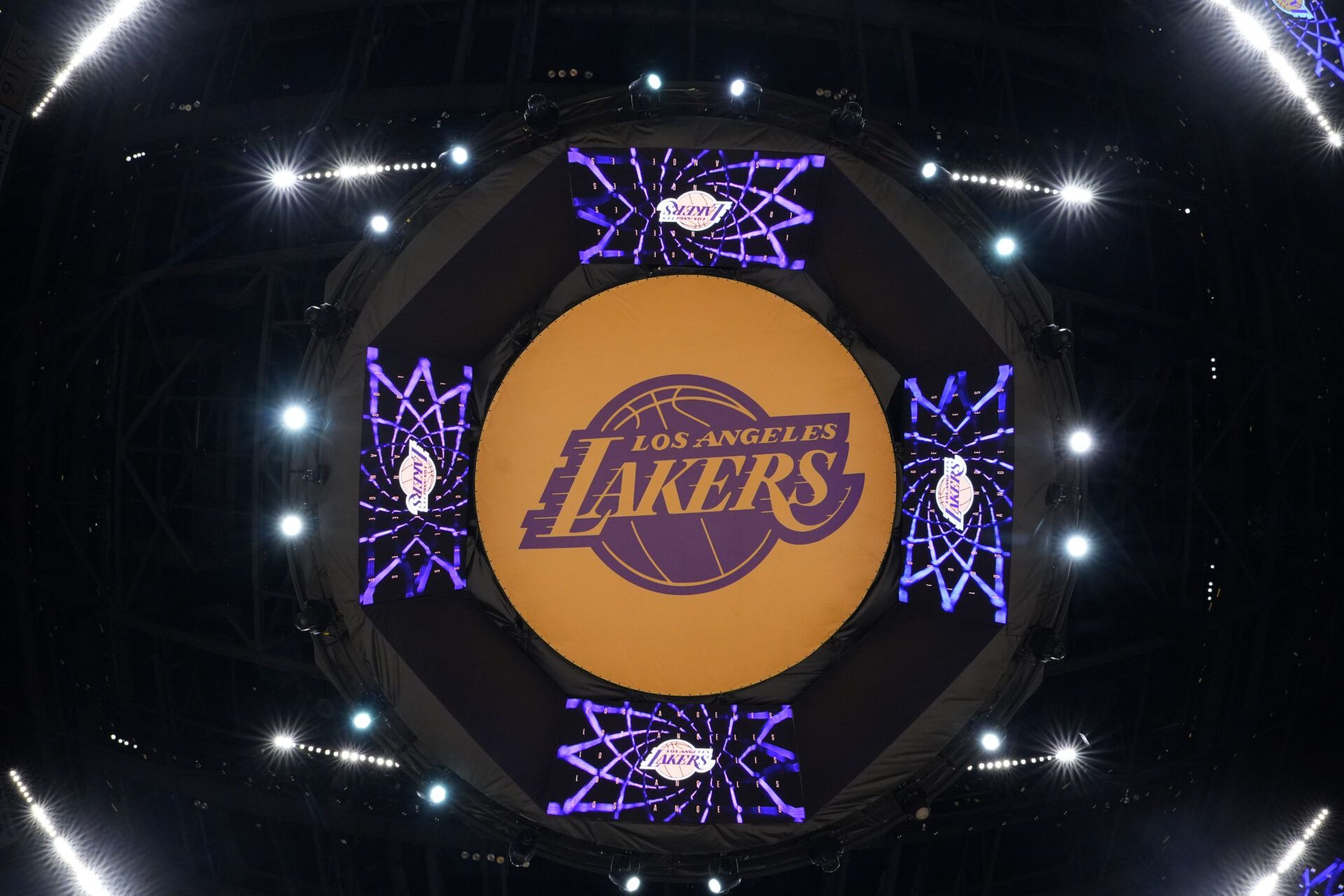 THe Los Angeles Lakers logo on the video board at Crypto.com Arena.