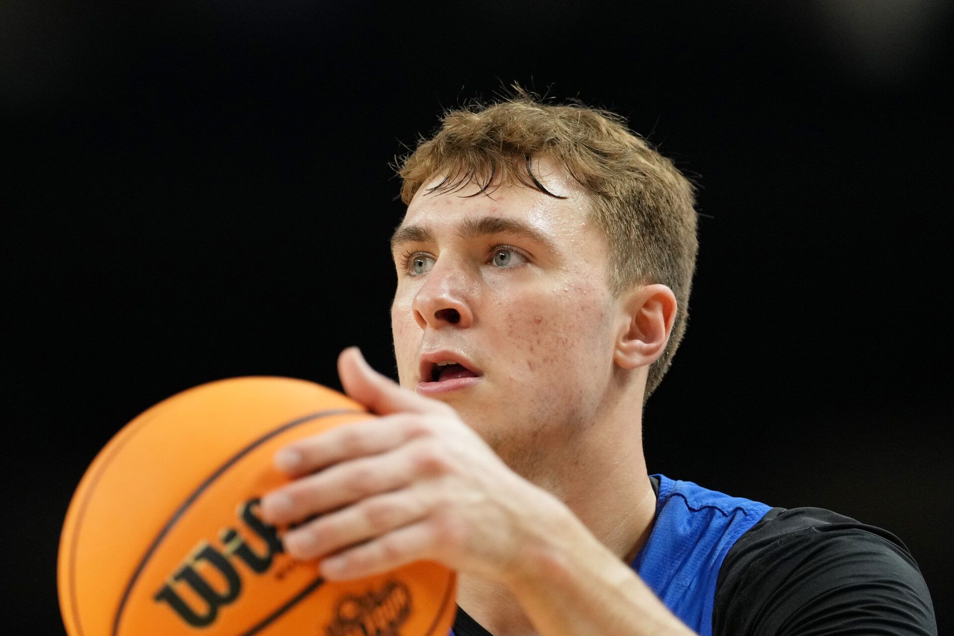 Duke Blue Devils guard Cooper Flagg (2) during a practice session for the Final Four of the 2025 NCAA tournament at Alamodome.