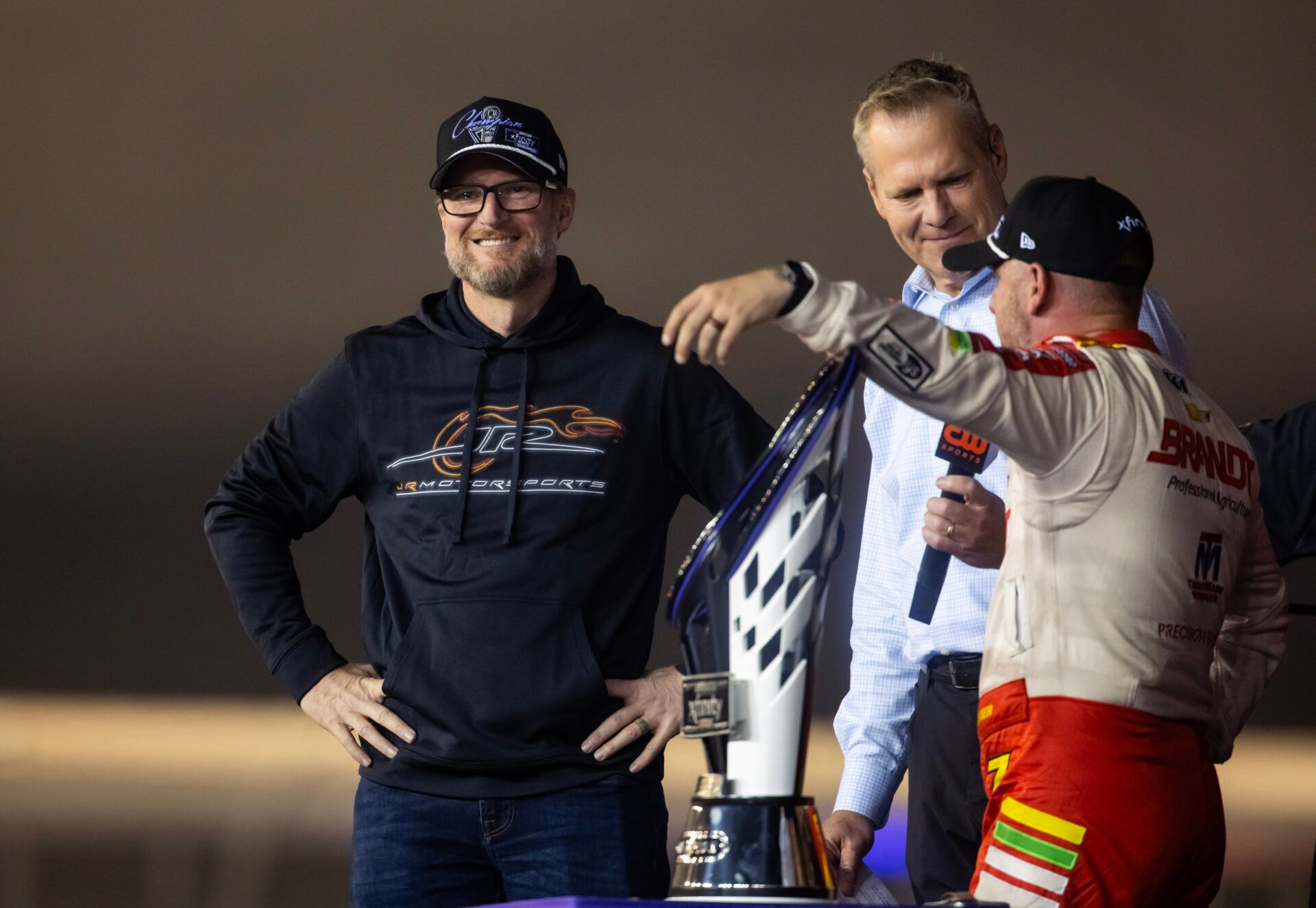 NASCAR Xfinity Series team owner Dale Earnhardt Jr celebrates with driver Justin Allgaier after winning the 2024 Xfinity Series championship during the Championship race at Phoenix Raceway.