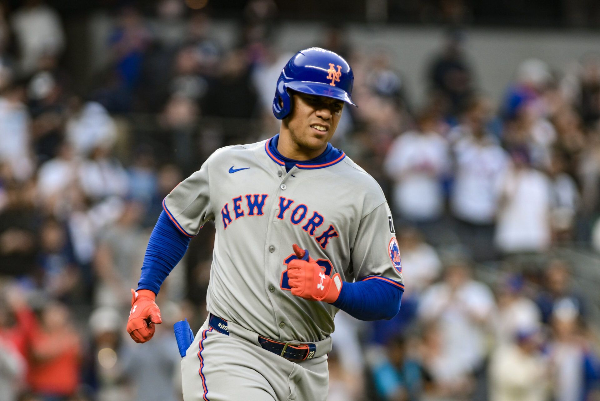 New York Mets outfielder Juan Soto (22) heads to first base after a walk during the first inning against the New York Yankees at Yankee Stadium.