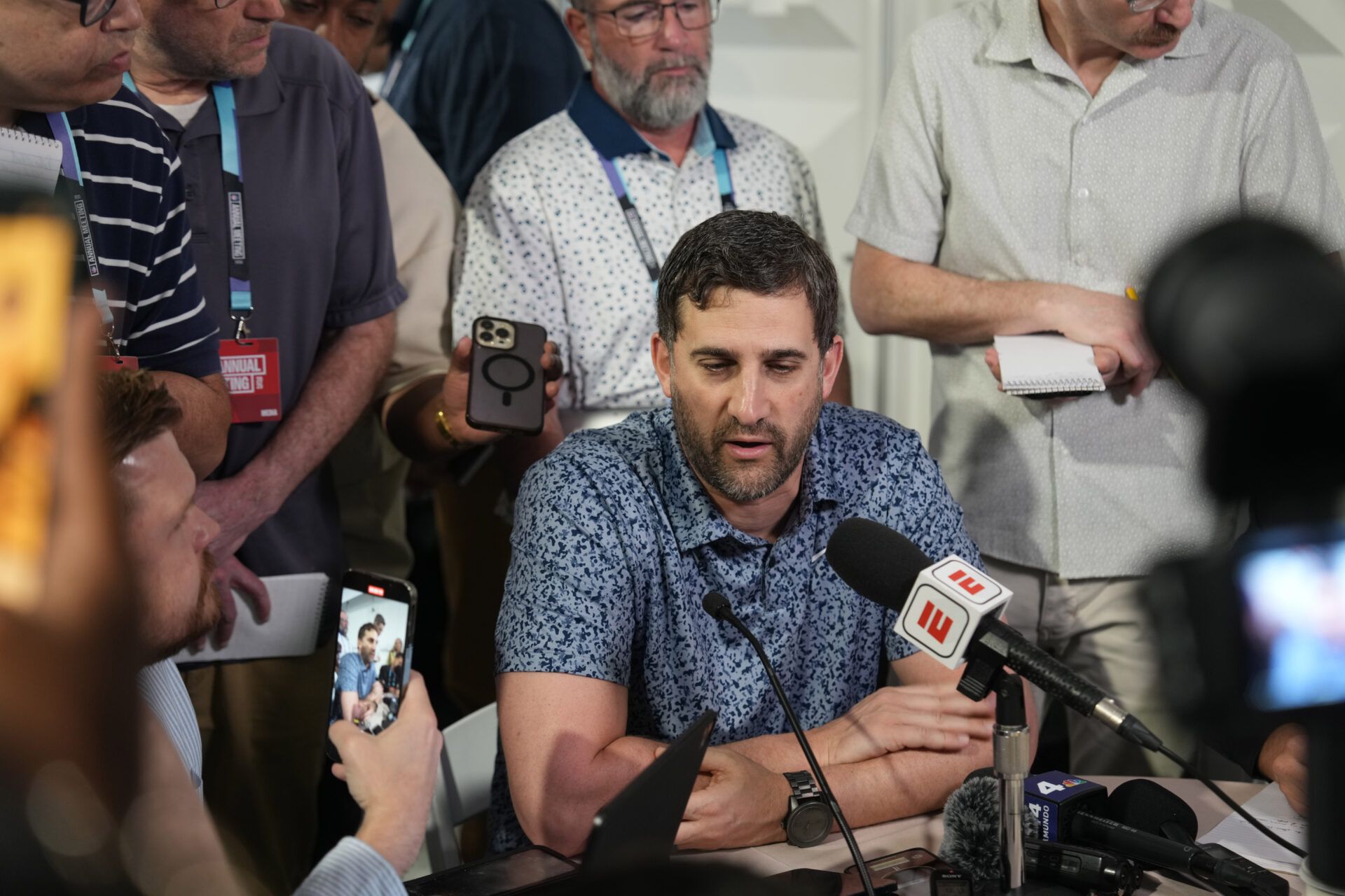 Philadelphia Eagles head coach Nick Sirianni  answers questions from the media during the NFL Annual League Meeting at The Breakers.