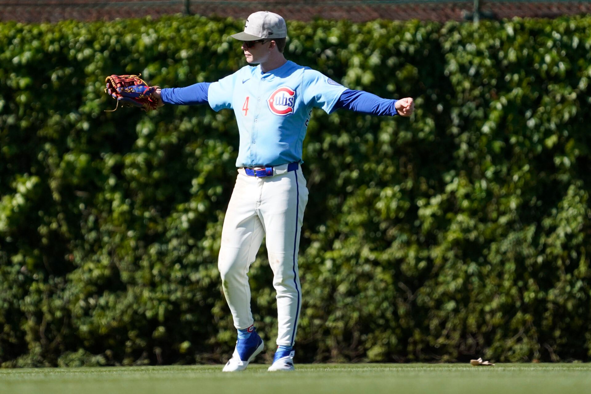 Chicago Cubs outfielder Pete Crow-Armstrong (4) celebrates the Cubs win against the Chicago White Sox at Wrigley Field.
