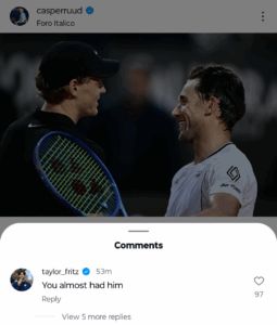 Screengrab of Taylor Fritz's comment on Casper Ruud's Instagram post/@casperruud