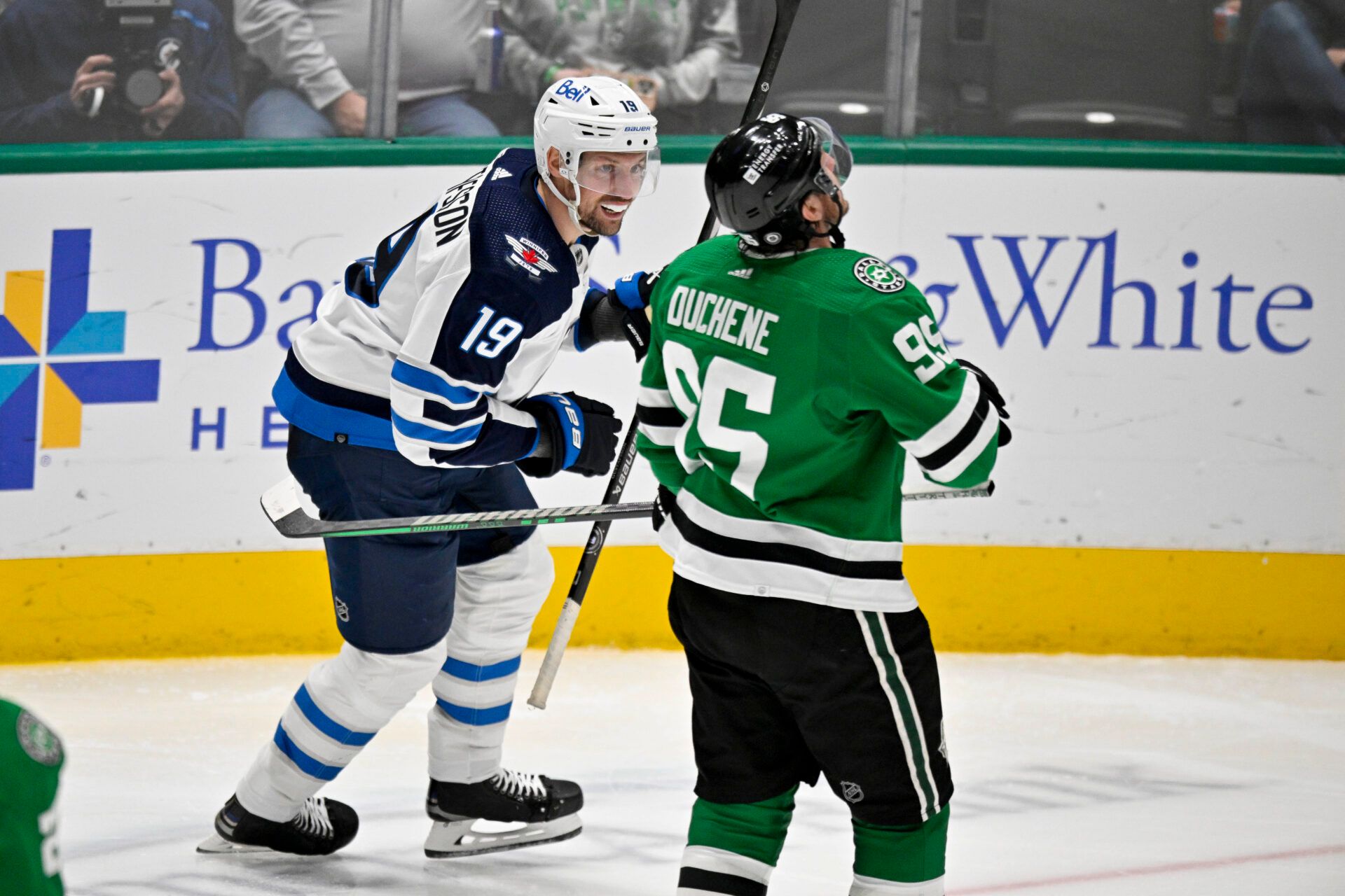 Dallas Stars center Matt Duchene (95) reacts to a goal scored by Winnipeg Jets center David Gustafsson (19) during the second period at the American Airlines Center.