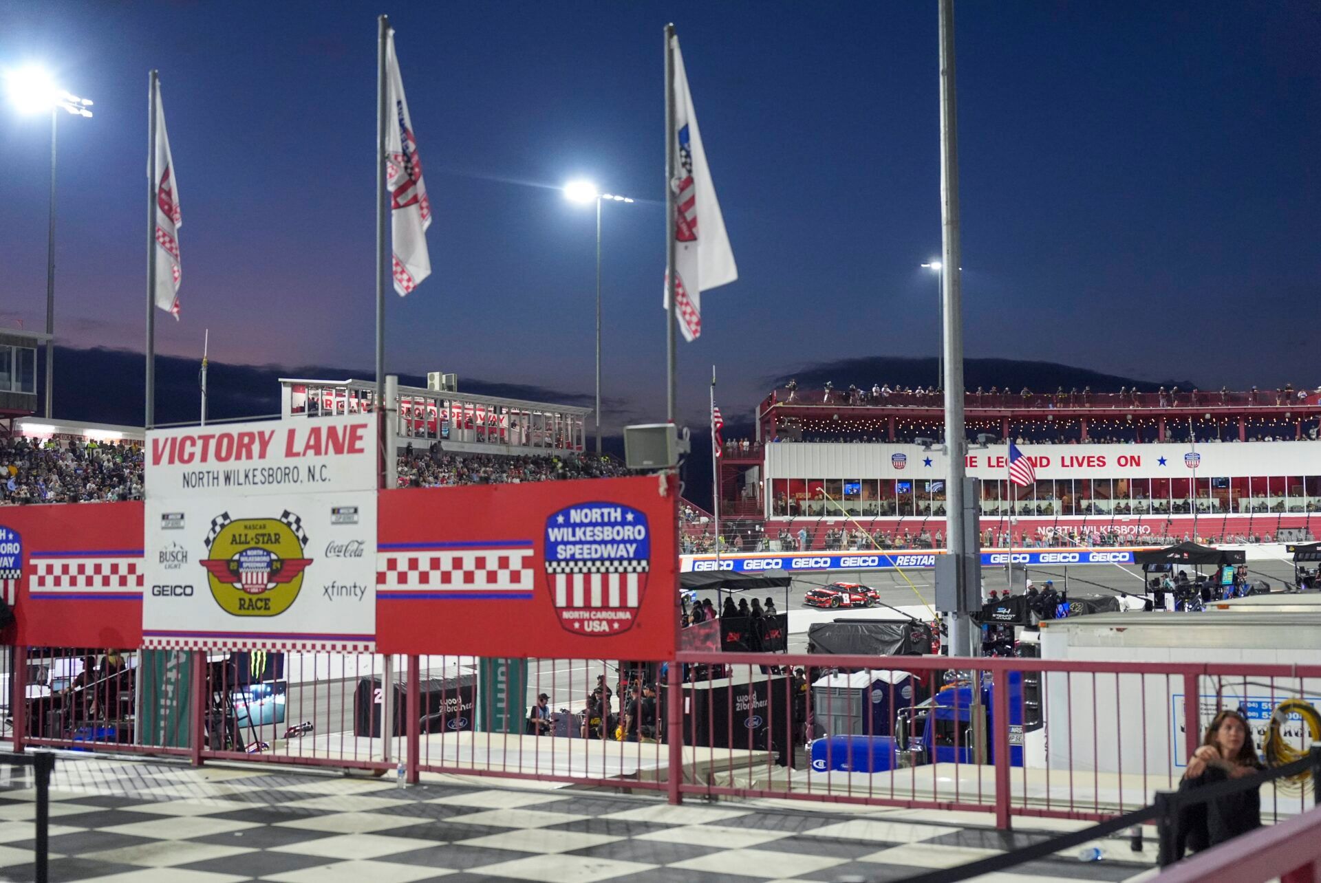 Victory Lane awaits during the All Star race at North Wilkesboro Speedway.