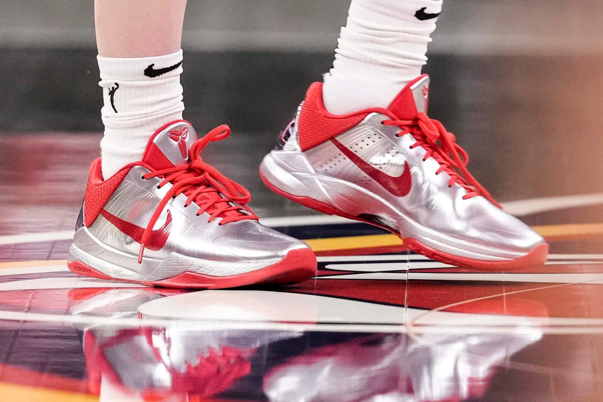 Indiana Fever guard Caitlin Clark (22) walks onto the court in custom Rookie of the Year Kobe PEs on Saturday, May 17, 2025, before a game between the Indiana Fever and the Chicago Sky at Gainbridge Fieldhouse in Indianapolis. © Grace Smith/IndyStar / USA TODAY NETWORK via Imagn Images