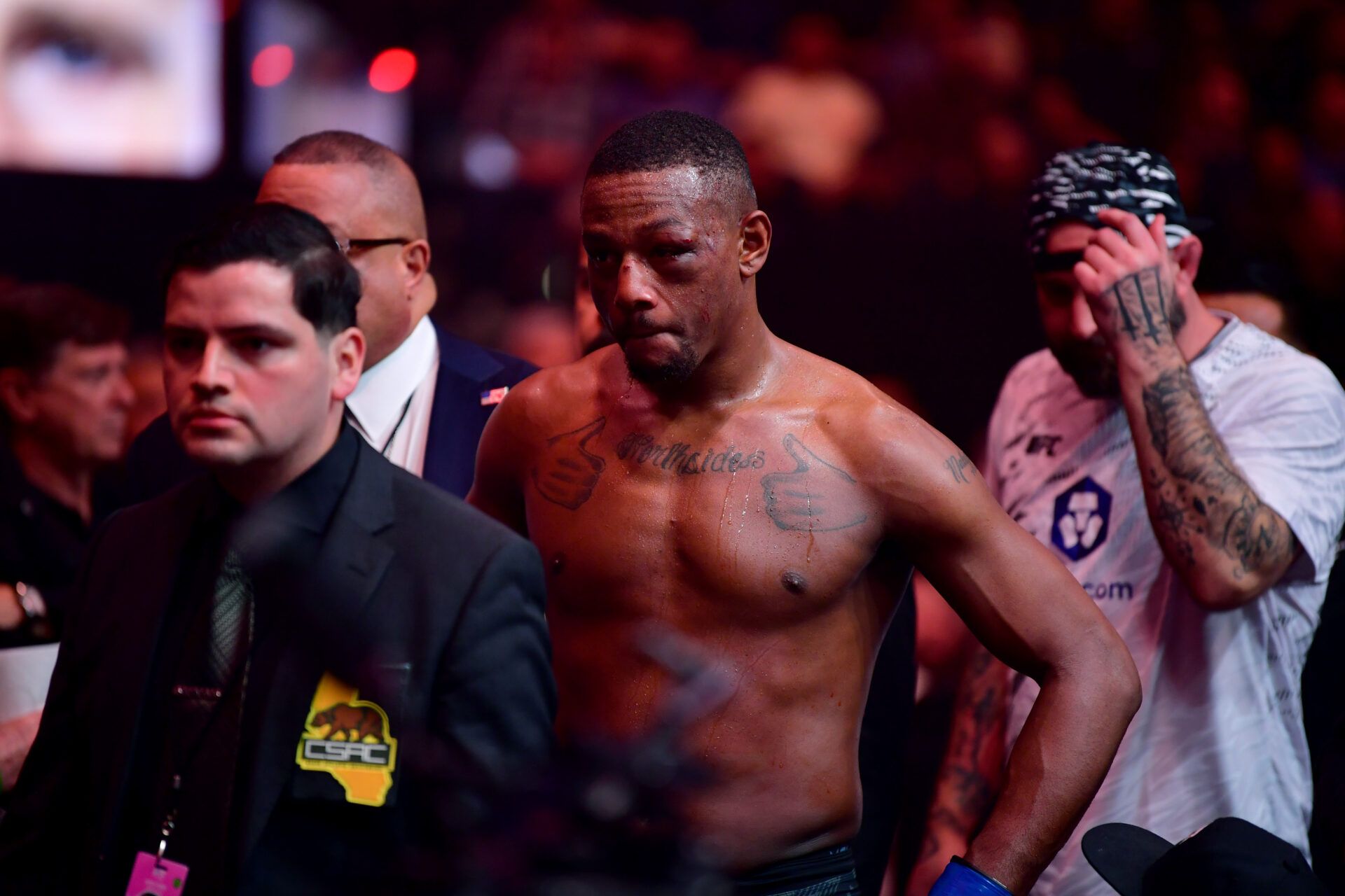 Jamahal Hill (blue gloves) reacts after losing to Jiri Prochazka (not pictured) during UFC 311 at Intuit Dome.