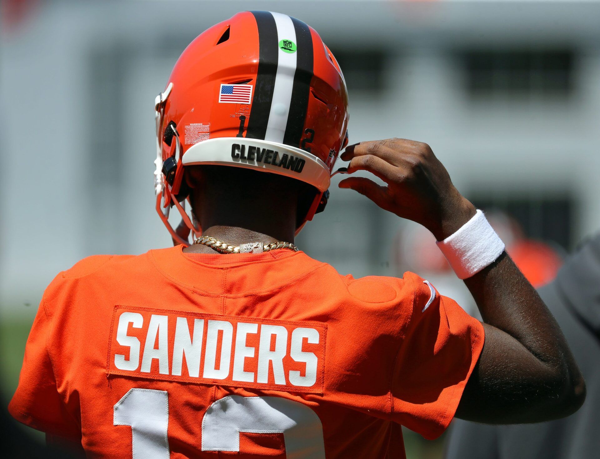 Cleveland Browns quarterback Shedeur Sanders (12) heads on to the field during day two of NFL rookie minicamp at the Cleveland Browns training facility on Saturday, May 10, 2025, in Berea, Ohio.