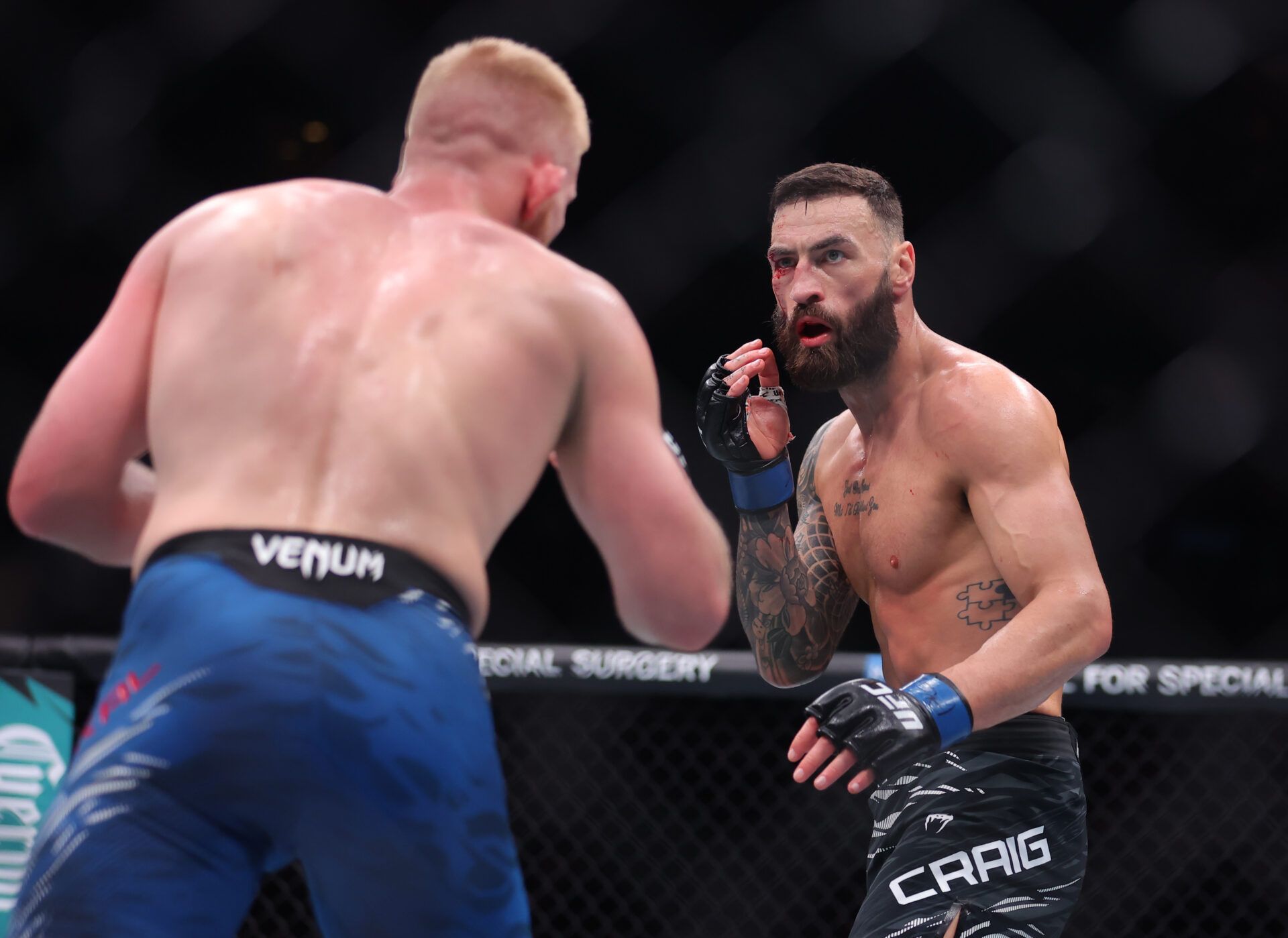 (Editors Note: Graphic Content, Blood) Nov 16, 2024; New York, NY, USA; Bo Nickal (red gloves) fights Paul Craig in the middleweight bout during UFC 309 at Madison Square Garden.