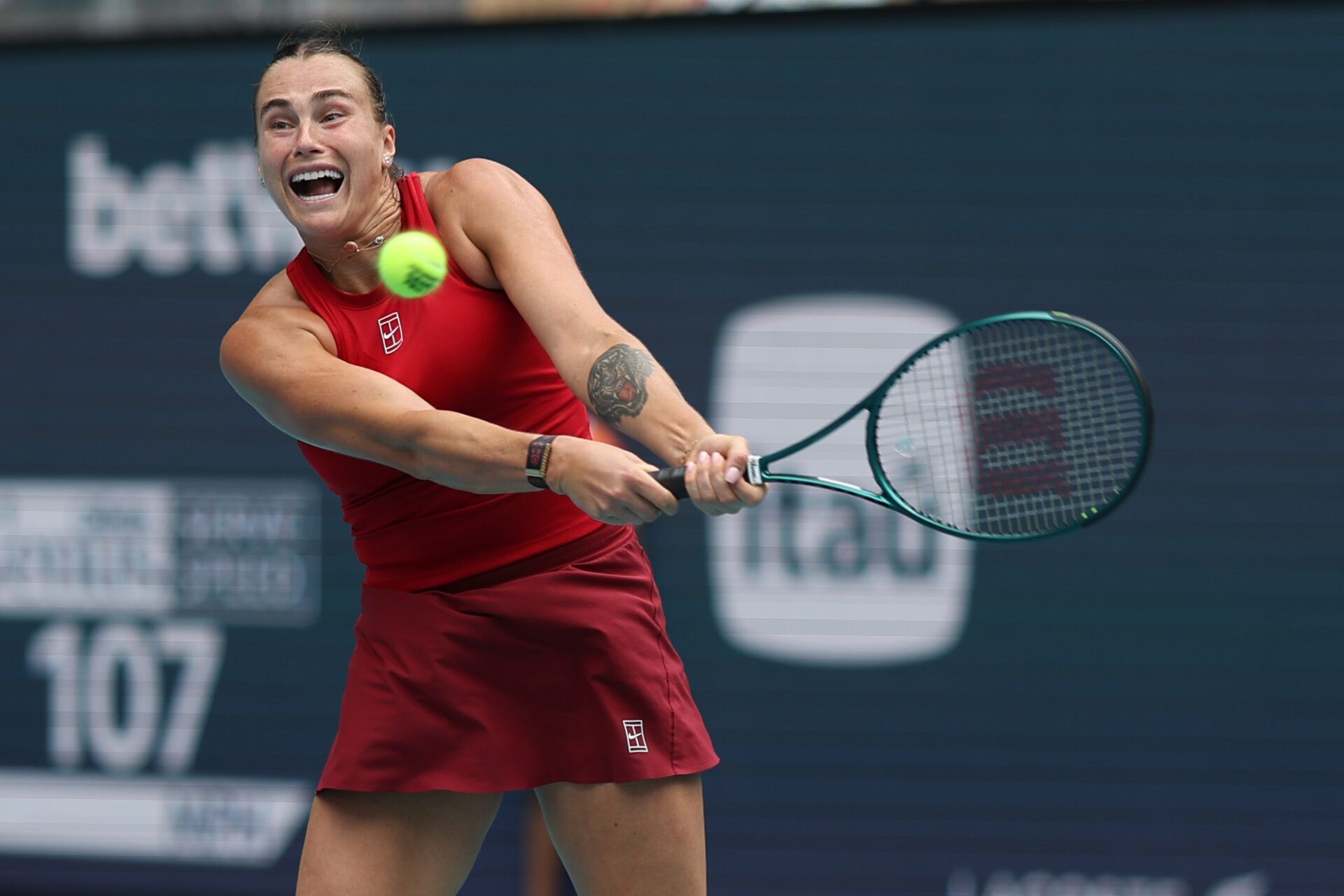 Aryna Sabalenka hits a backhand against Jessica Pegula (USA)(not pictured) in the women's singles championship of the Miami Open at Hard Rock Stadium.