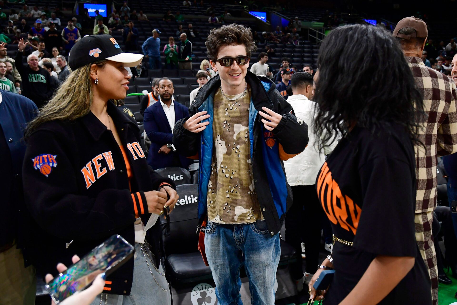 American-French actor Timothee Chalamet talks to fans prior to game five of the second round for the 2025 NBA Playoffs against the Boston Celtics at TD Garden.
