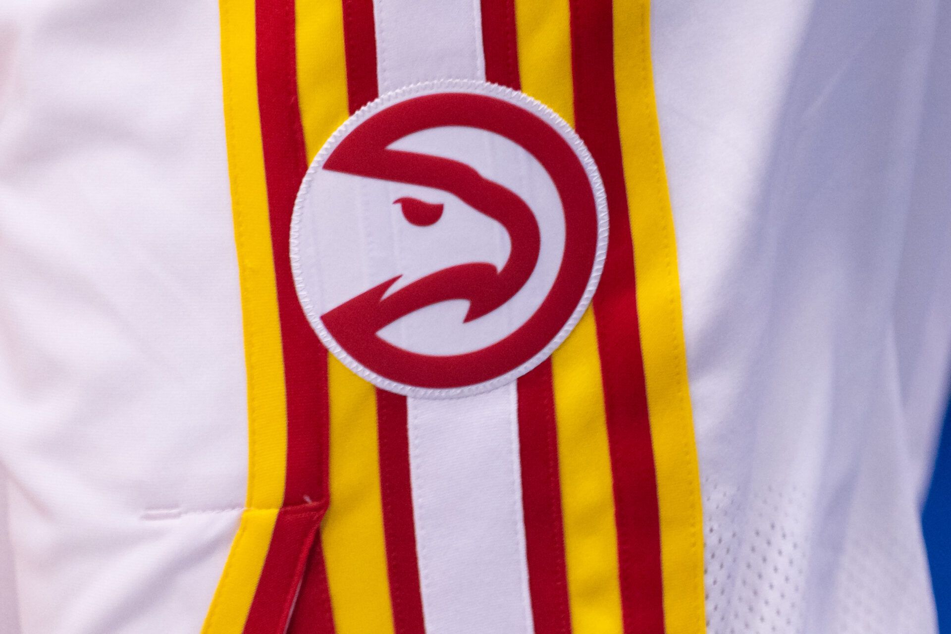 Detailed view of the Atlanta Hawks logo during warmups before the game against the New Orleans Pelicans at Smoothie King Center.