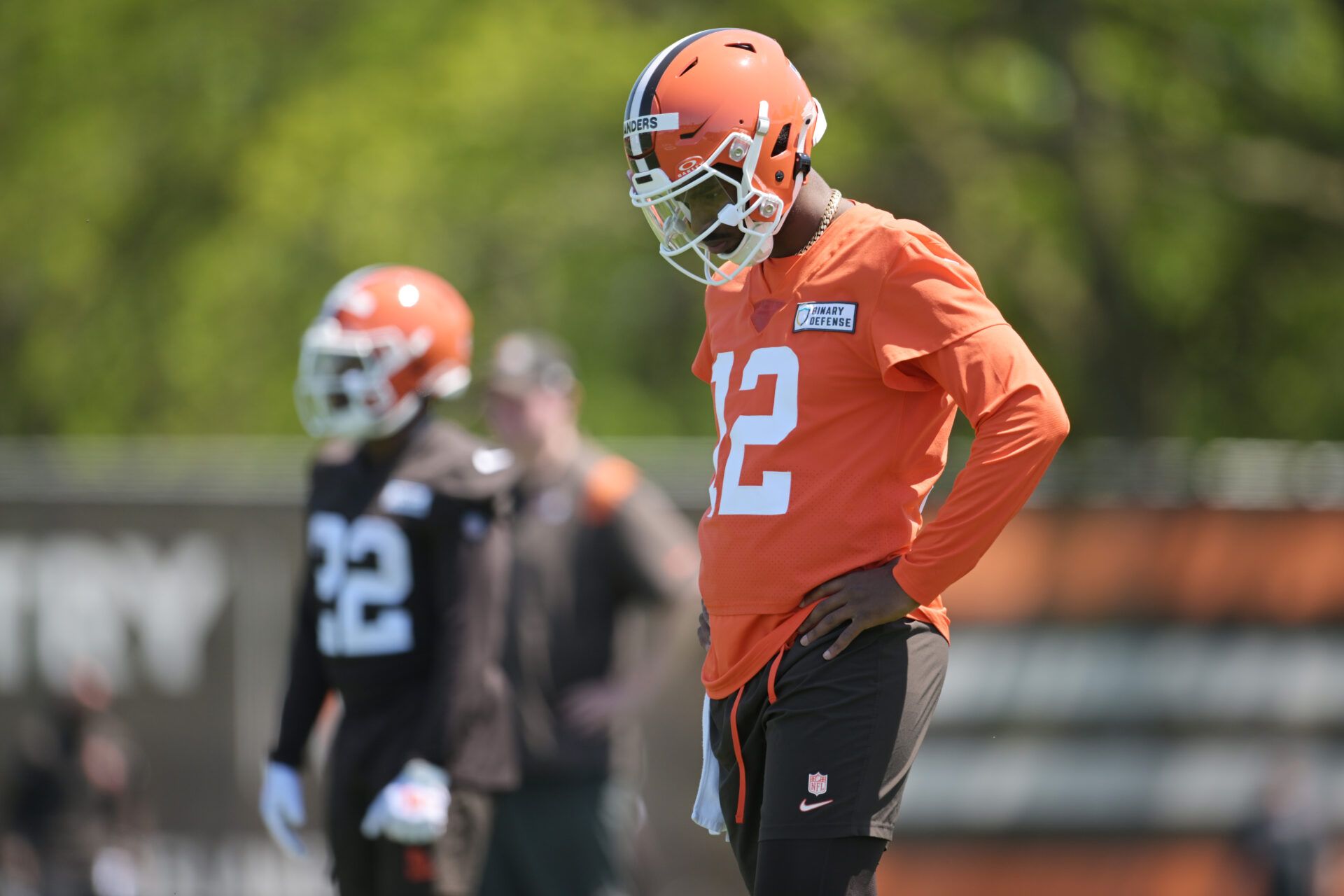 Cleveland Browns quarterback Shedeur Sanders (12) during rookie minicamp at CrossCountry Mortgage Campus.