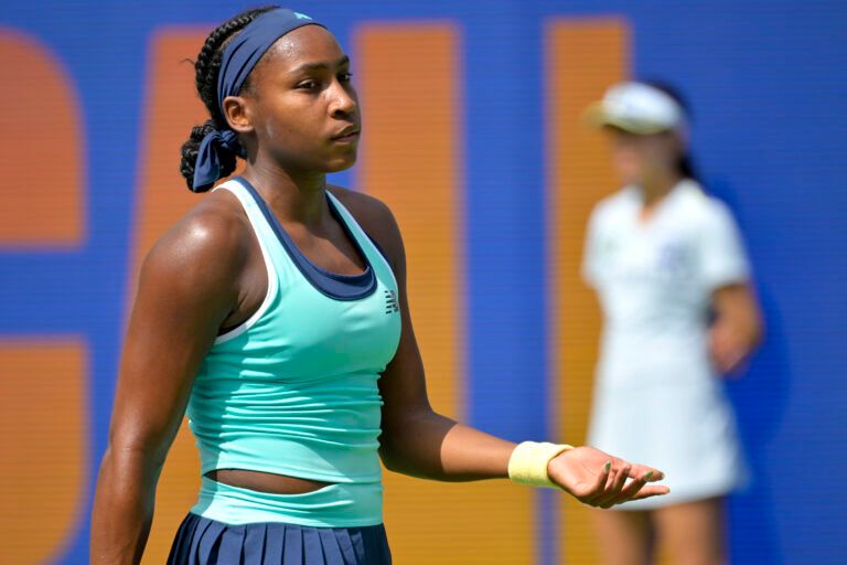 Coco Gauff (USA) reacts after missing a shot against Belinda Bencic (not pictured) in round four of the BNP Paribas Open at the Indian Well Tennis Garden.