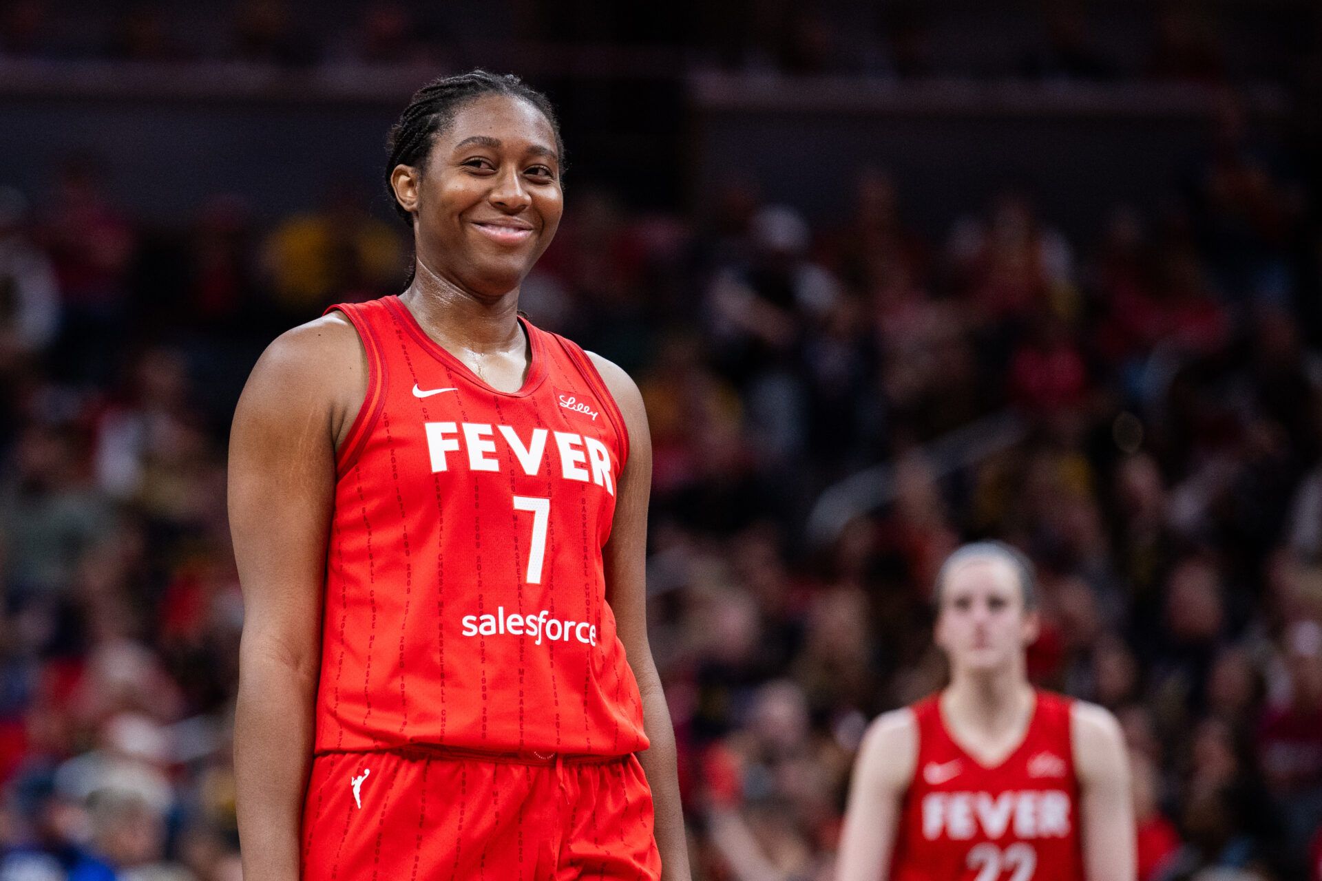 Indiana Fever forward Aliyah Boston (7)  in the second half against the Chicago Sky at Gainbridge Fieldhouse.