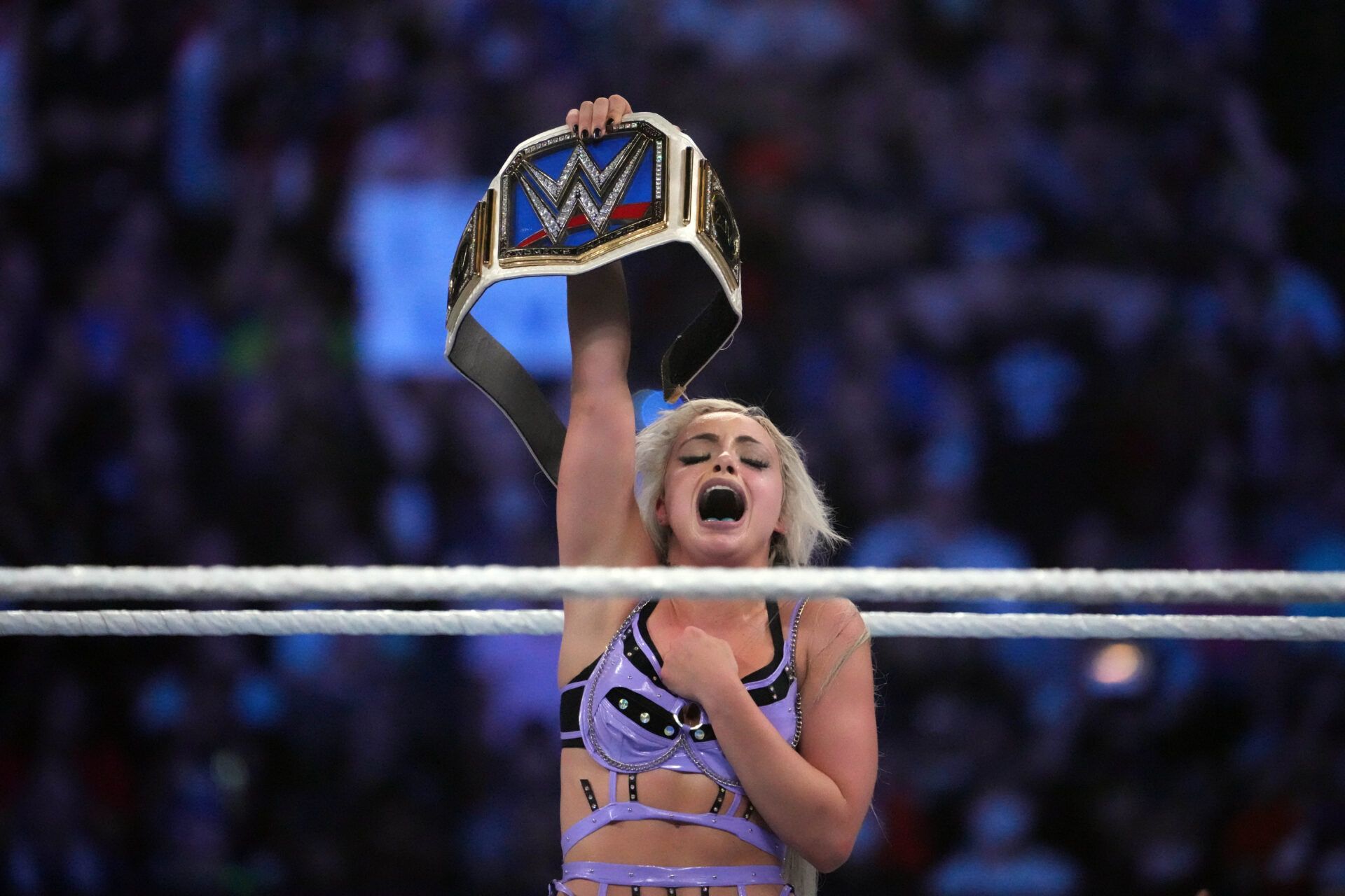 Ronda Rousey (black attire) and Liv Morgan (purple attire) battle for the Smackdown Women’s Championship during SummerSlam at Nissan Stadium.