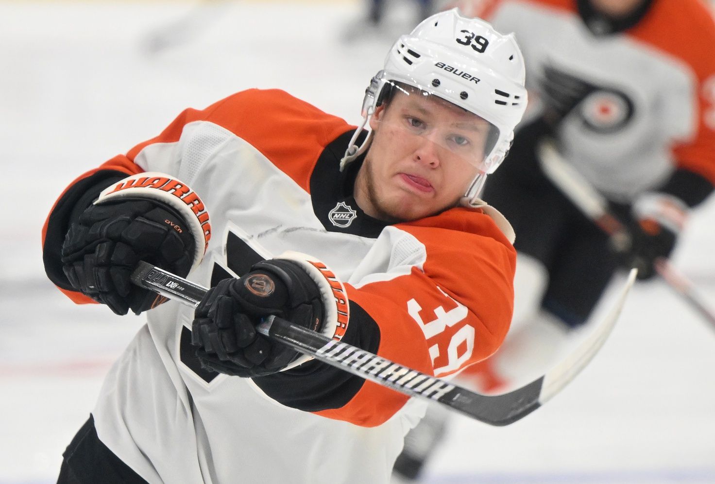Philadelphia Flyers forward Matvei Michkov (39) warms up before playing the Toronto Maple Leafs at Scotiabank Arena.