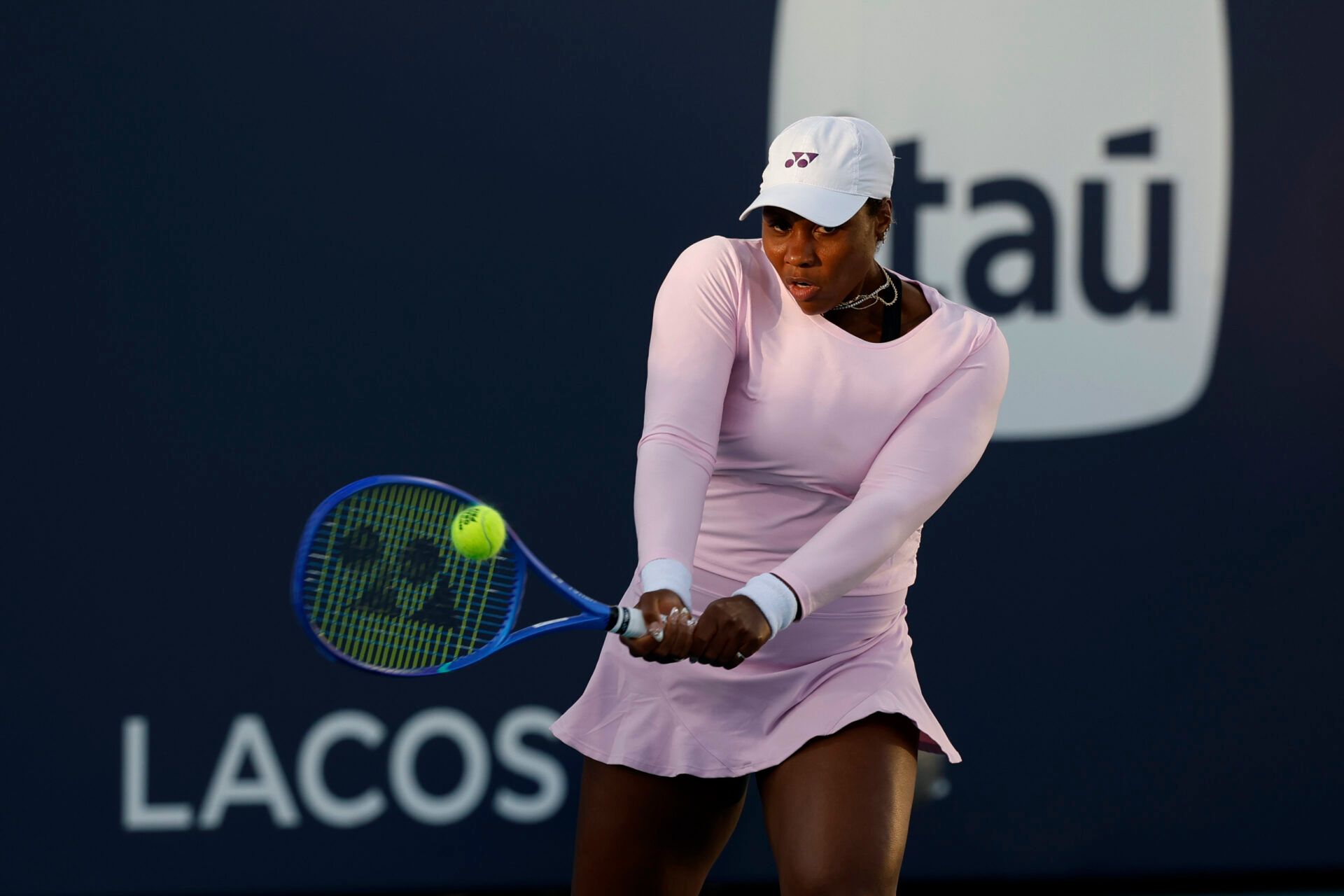 Taylor Townsend (USA) hits a backhand against Ann Li (USA)(not pictured) on day one of the Miami Open at Hard Rock Stadium.