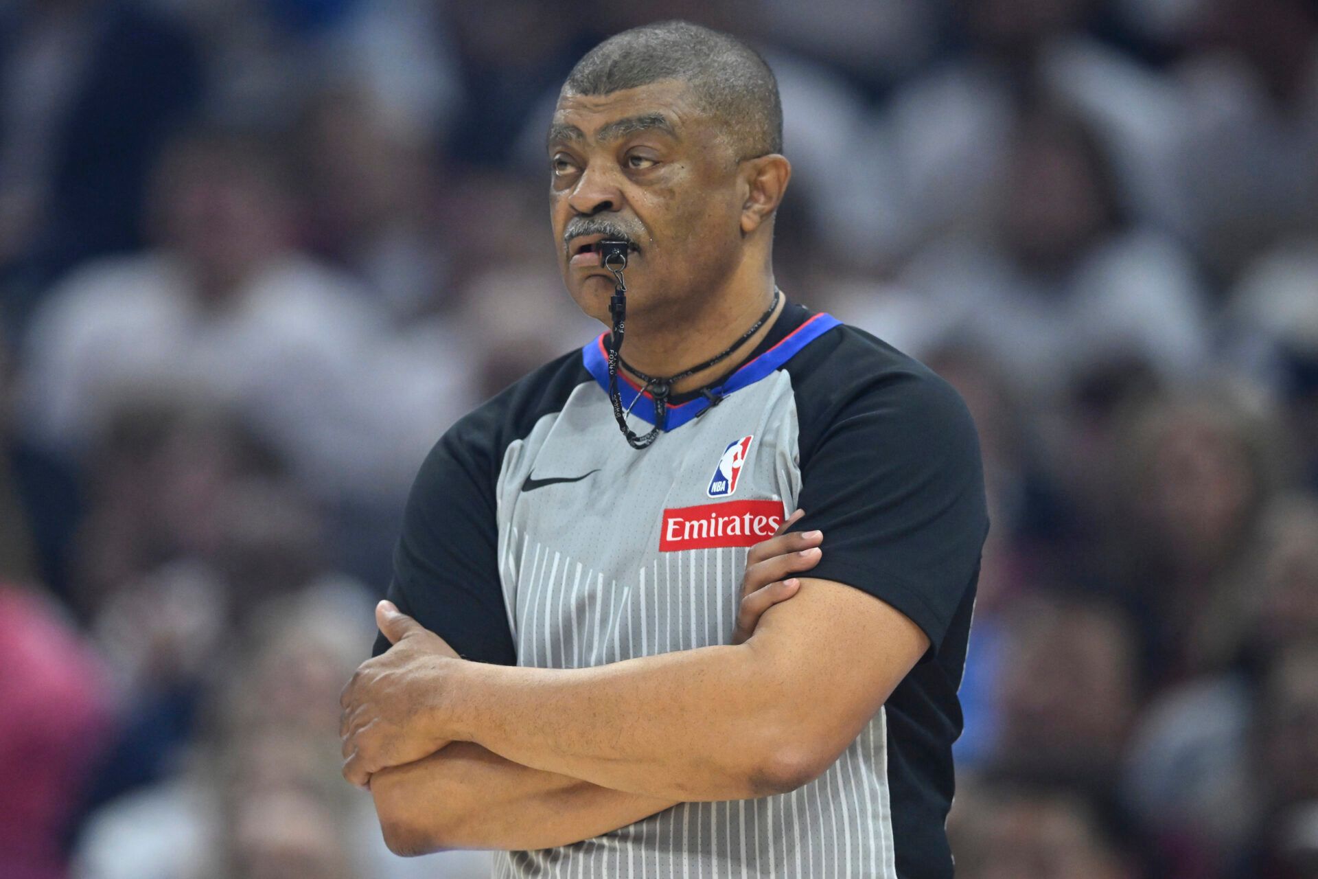 NBA referee Tony Brothers (25) stands on the court in the first quarter during game two of the second round of the 2025 NBA Playoffs between the Cleveland Cavaliers and the Indiana Pacers at Rocket Arena.
