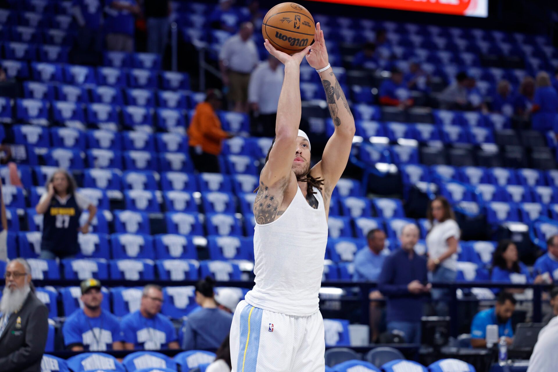 Denver Nuggets forward Aaron Gordon (32) warms up before the start of game seven of the second round against the Oklahoma City Thunder for the 2025 NBA Playoffs at Paycom Center.