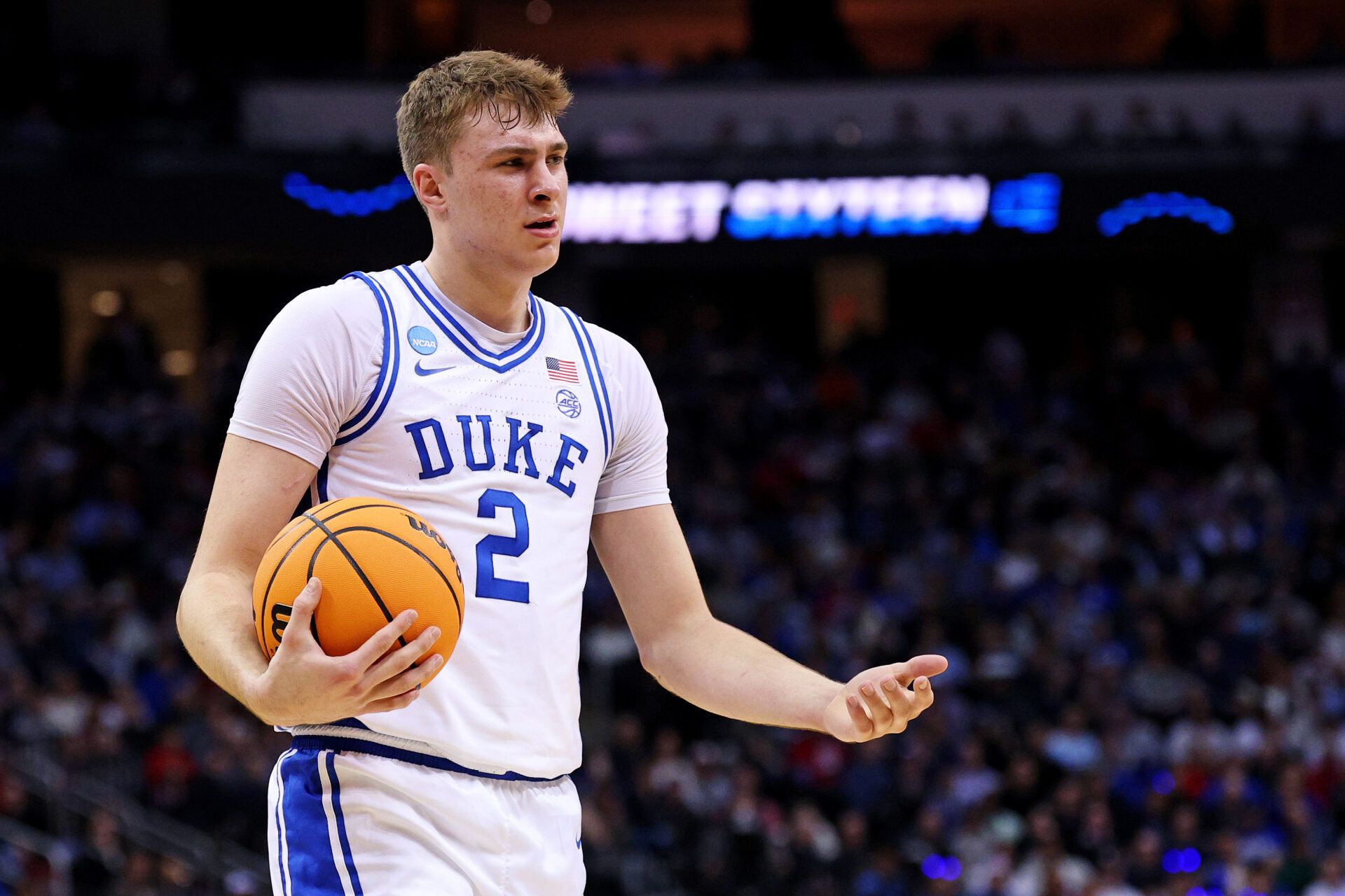 Duke Blue Devils forward Cooper Flagg (2) reacts after a play during the first half against the Arizona Wildcats during an East Regional semifinal of the 2025 NCAA tournament at Prudential Center.
