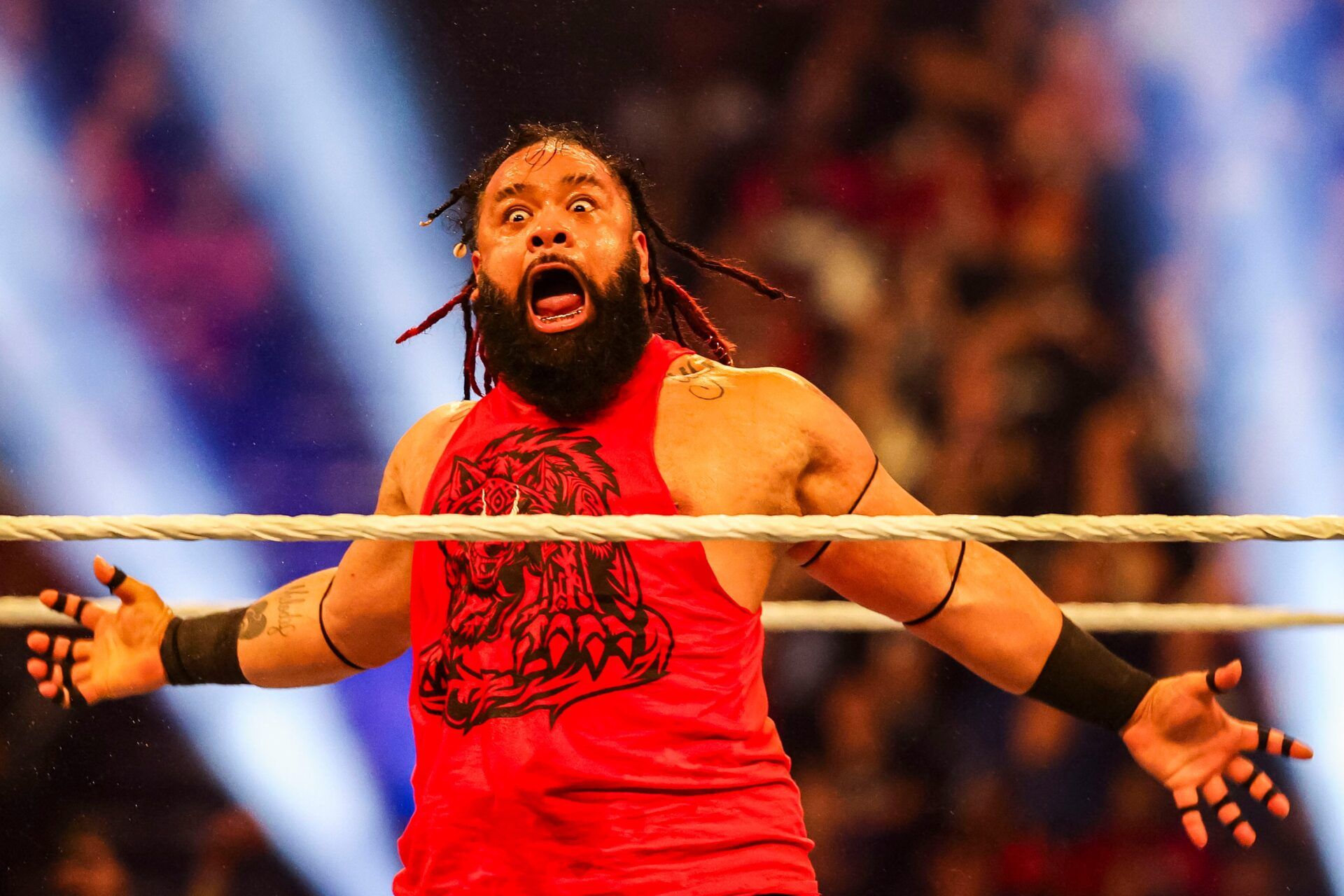 Jacob Fatu yells in celebration Saturday, Feb. 1, 2025, during the WWE Royal Rumble at Lucas Oil Stadium in Indianapolis.