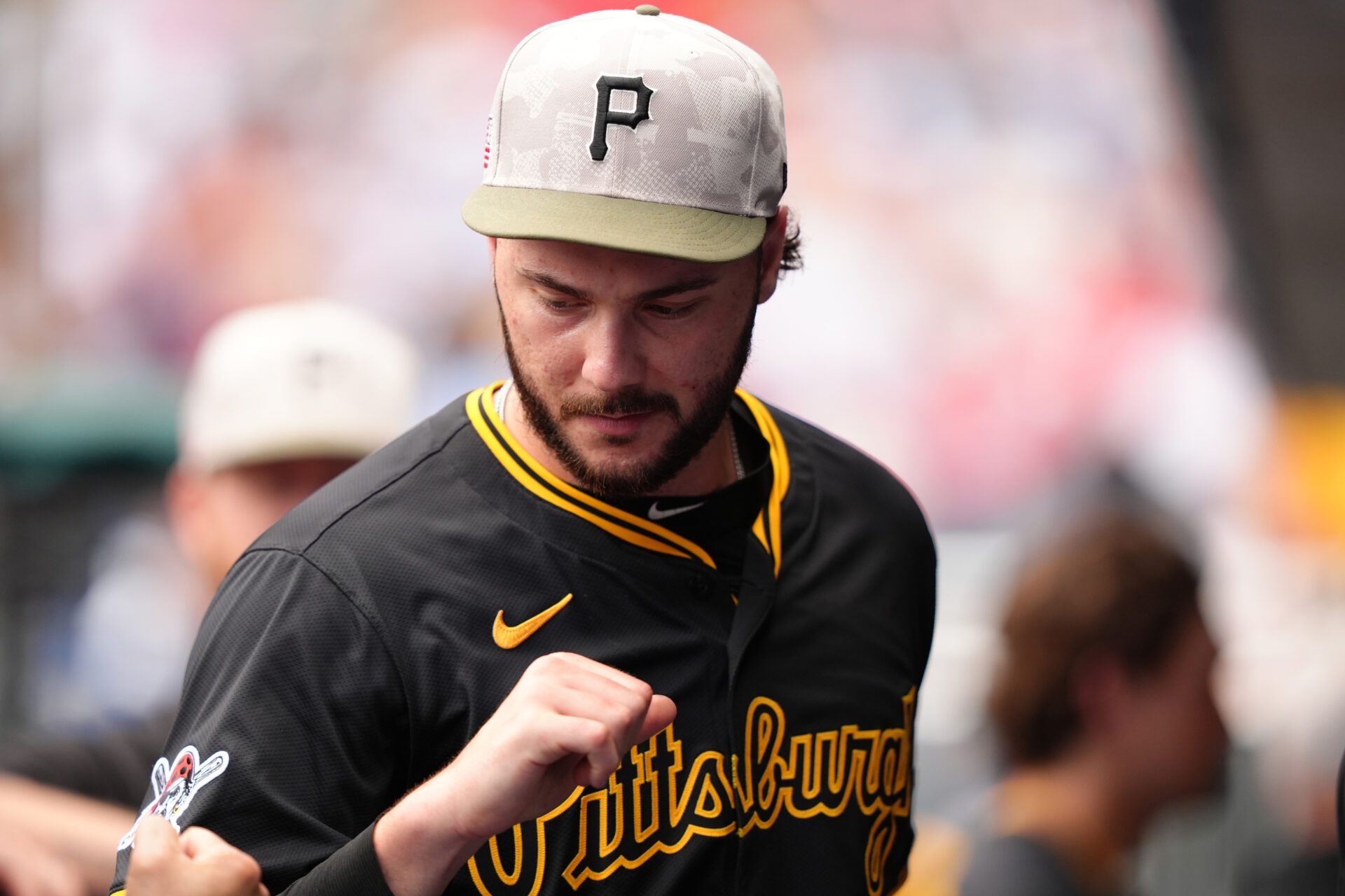 Pittsburgh Pirates starting pitcher Paul Skenes (30) reacts in the dugout against the Philadelphia Phillies in the ninth inning at Citizens Bank Park.