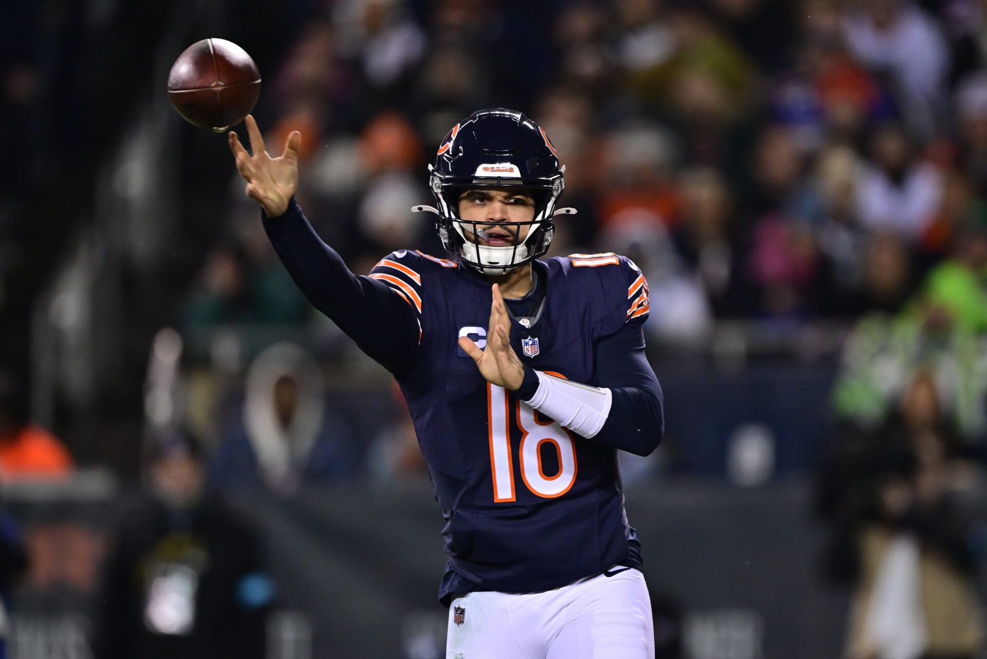 Chicago Bears quarterback Caleb Williams (18) passes the ball against the Seattle Seahawks during the second quarter at Soldier Field.