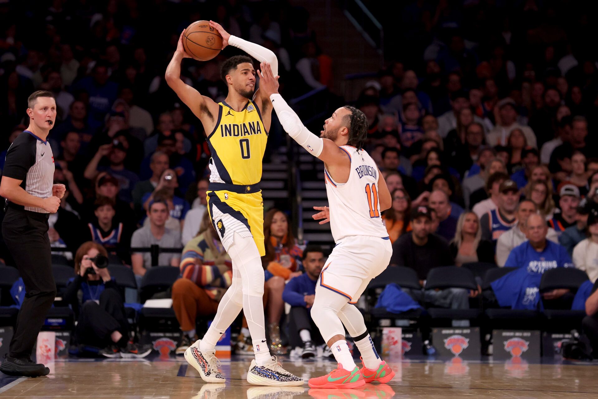 Indiana Pacers guard Tyrese Haliburton (0) looks to pass the ball against New York Knicks guard Jalen Brunson (11) during the third quarter at Madison Square Garden.