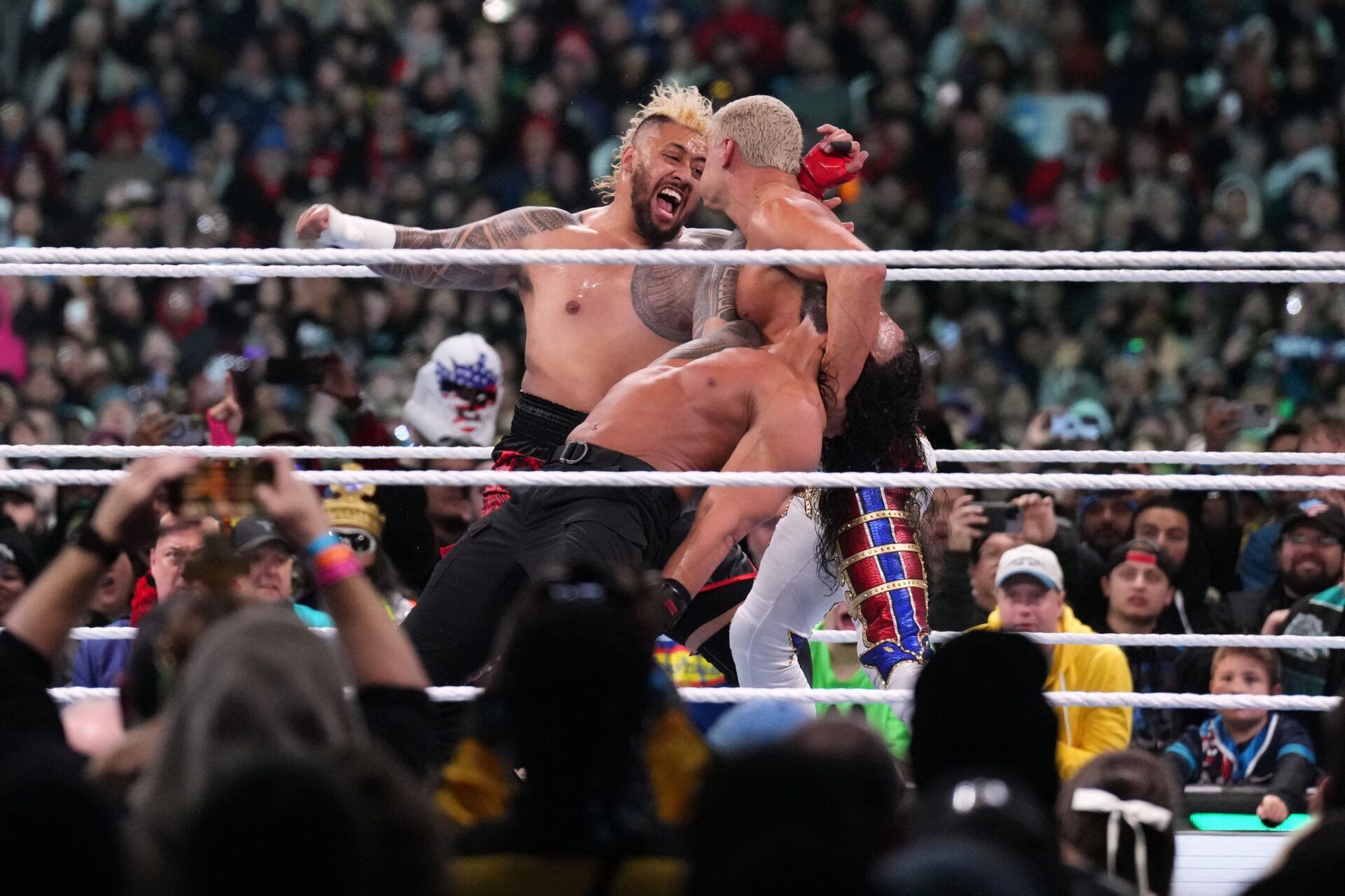 Solo Sikoa interferes during the WWE Universal Championship match between Roman Reigns and Cody Rhodes during Wrestlemania XL Sunday at Lincoln Financial Field.