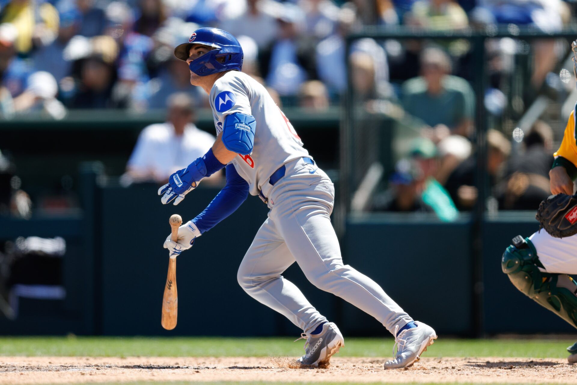 Chicago Cubs second base Matt Shaw (6) hits an rbi single during the third inning against the Athletics at Sutter Health Park.