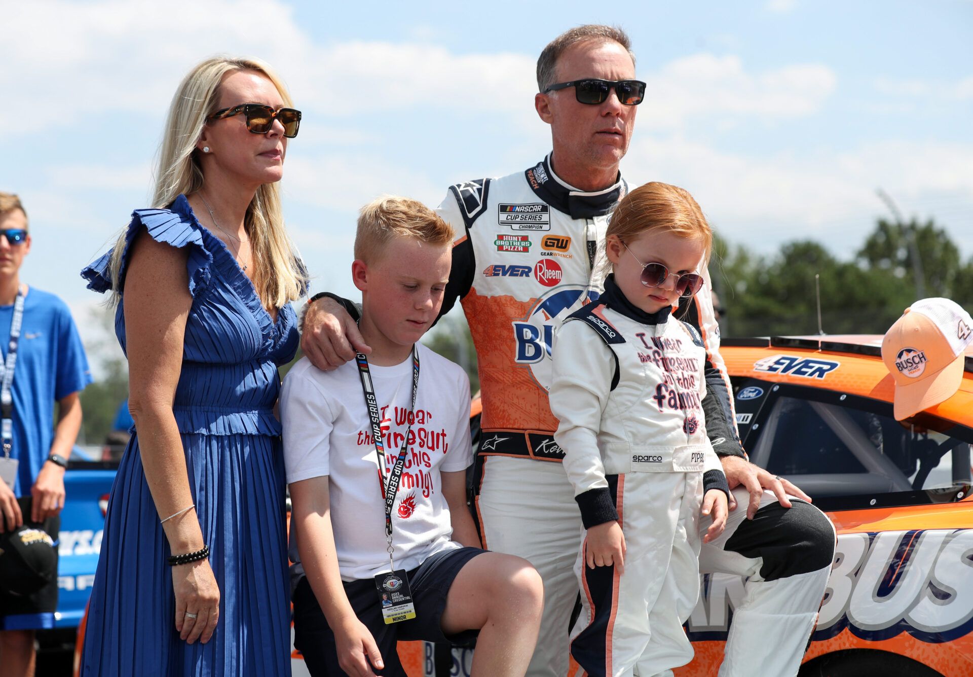 NASCAR Cup Series driver Kevin Harvick stands with his wife DeLana Harvick and son Keelan and daughter Piper prior to the HighPoint.com 400 at Pocono Raceway.