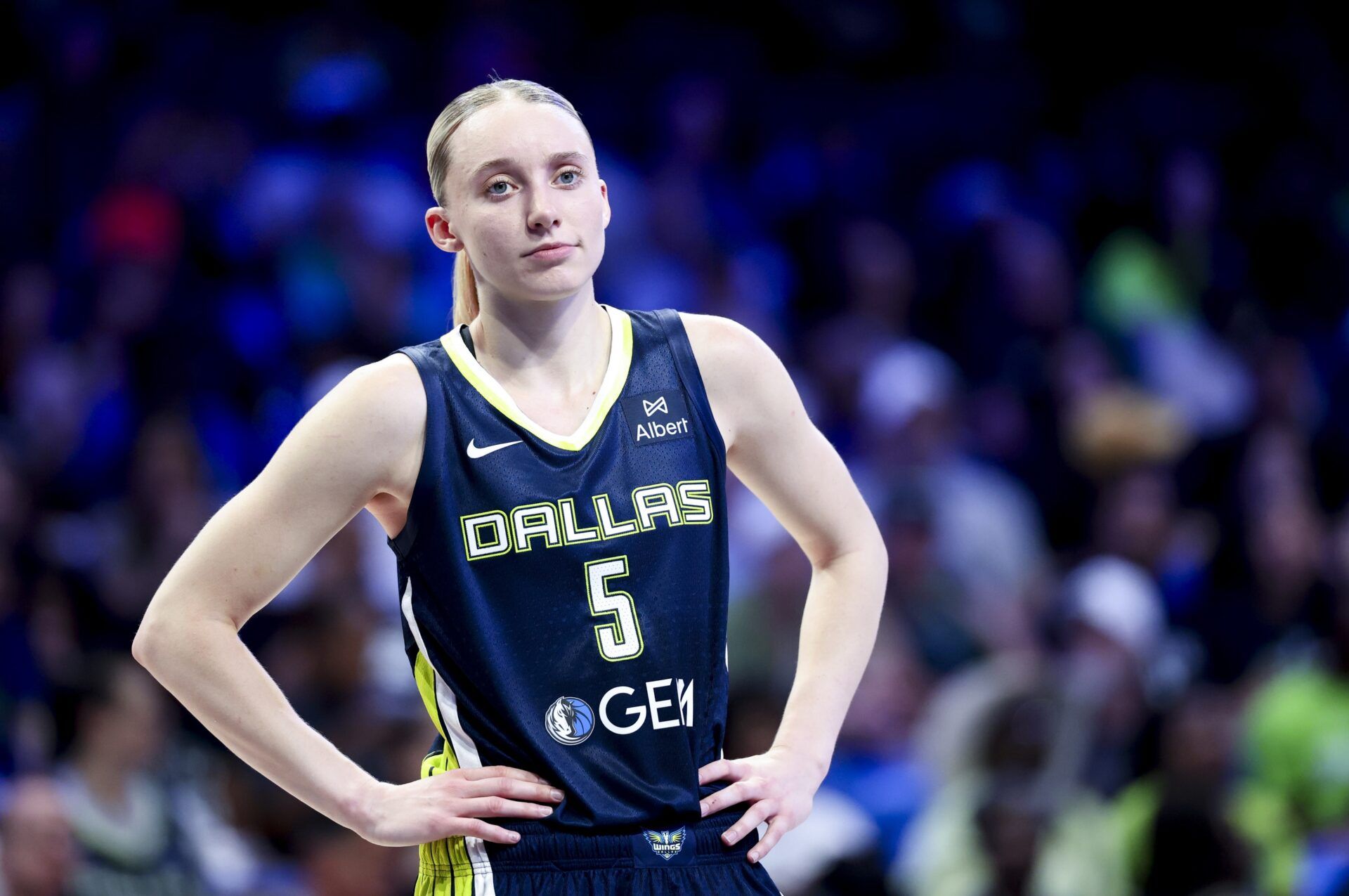 Dallas Wings guard Paige Bueckers (5) reacts against the Minnesota Lynx during the first half at College Park Center.
